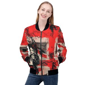 Bomber jacket con ilustración alternativa y fondo rojo grafitero "Attitude Over Approval"