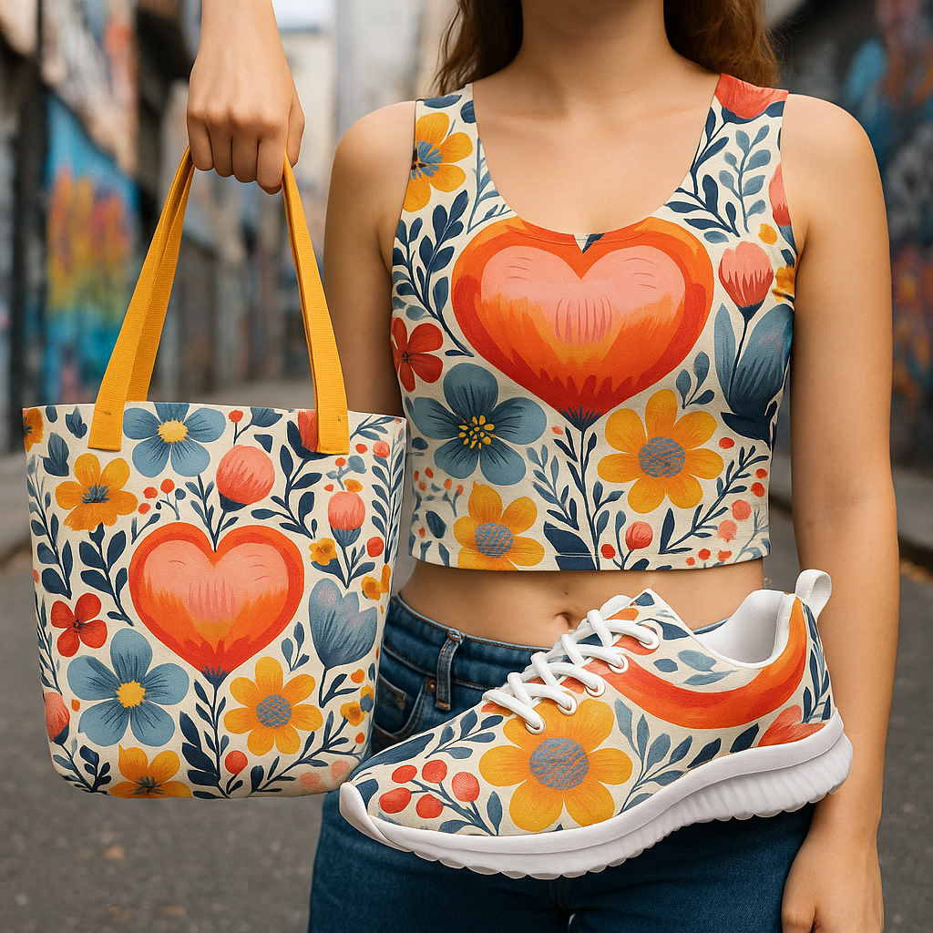 Conjunto Flor Viva: estampado floral en bolso, top y zapatillas