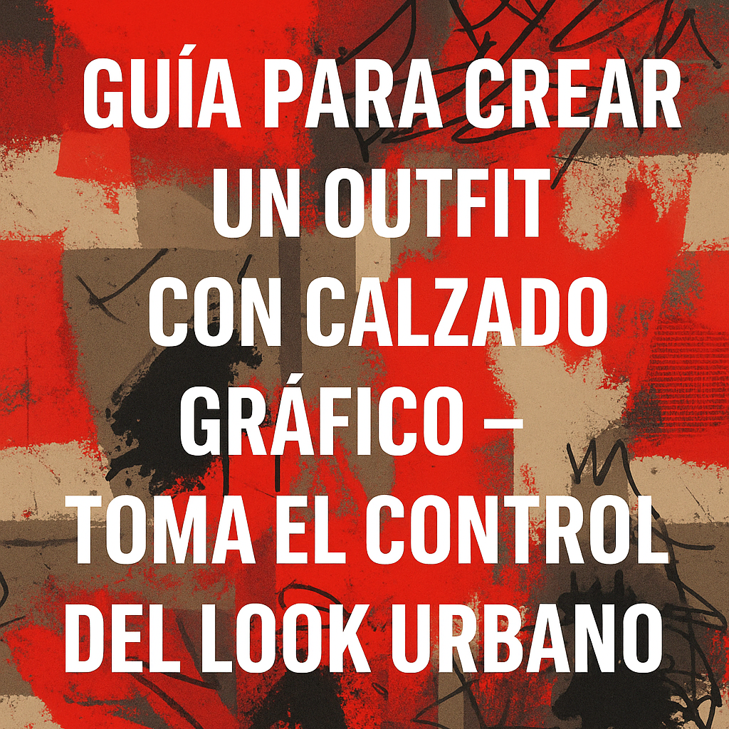 Persona con sudadera y botas de diseño gráfico urbano en tonos rojos y negros, combinando prendas streetwear sobre fondo gris de ciudad