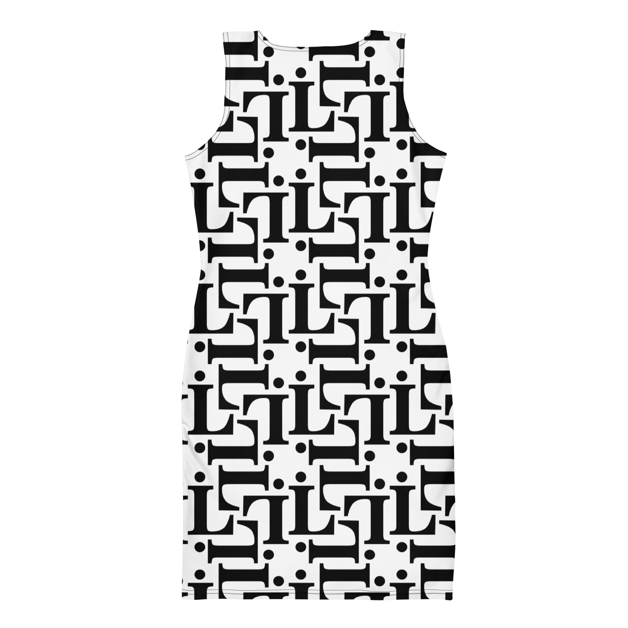 Vestido ajustado con estampado tipográfico en blanco y negro de la colección CODE NOIR – diseño urbano monocromo