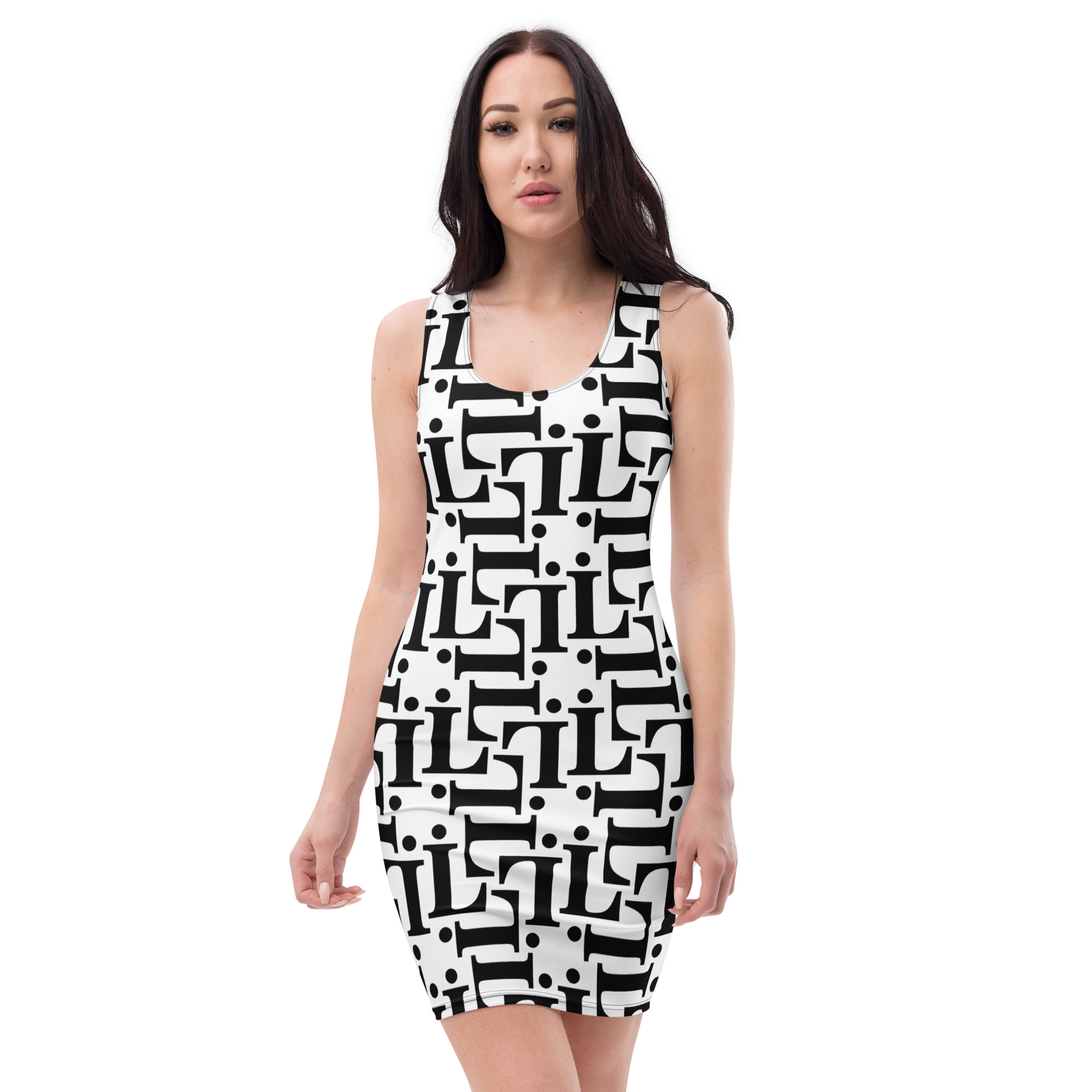 Vestido ajustado con estampado tipográfico en blanco y negro de la colección CODE NOIR – diseño urbano monocromo