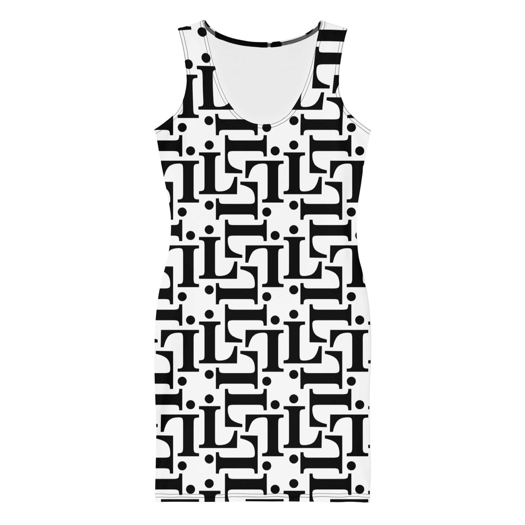 Vestido ajustado con estampado tipográfico en blanco y negro de la colección CODE NOIR – diseño urbano monocromo