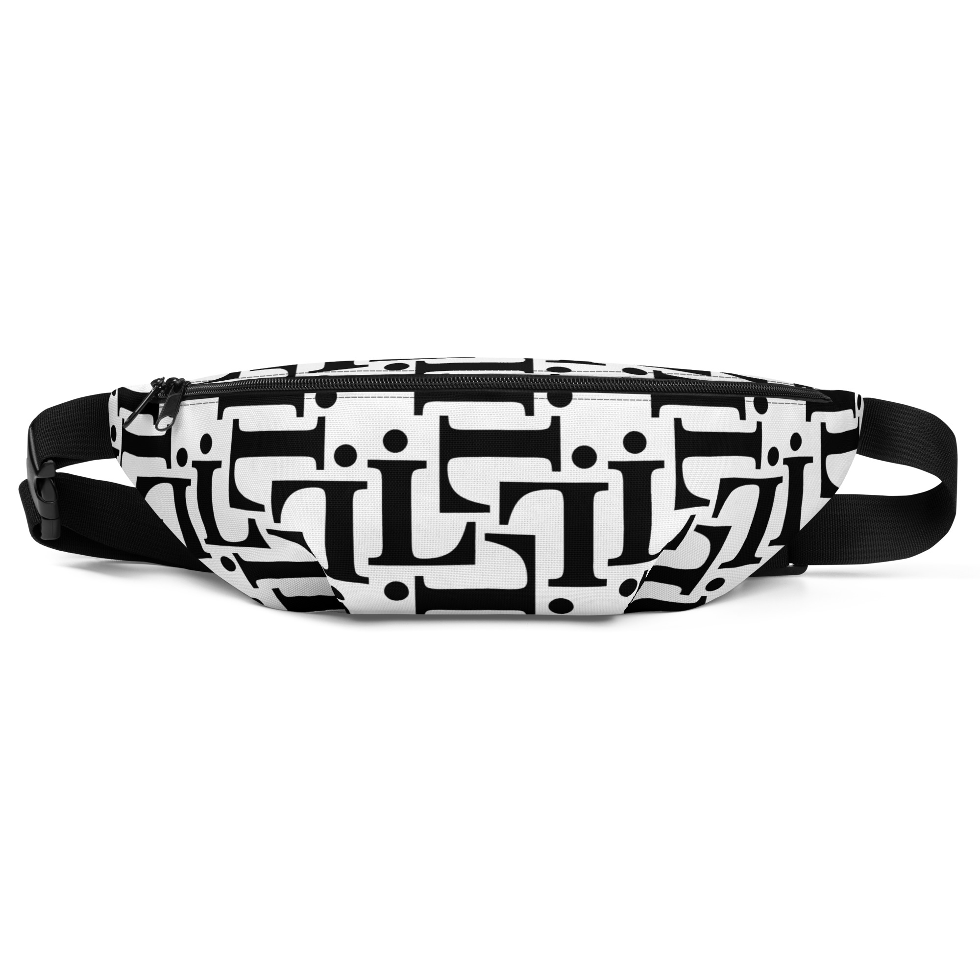 Riñonera CODE NOIR con diseño tipográfico blanco y negro – vista frontal y lateral