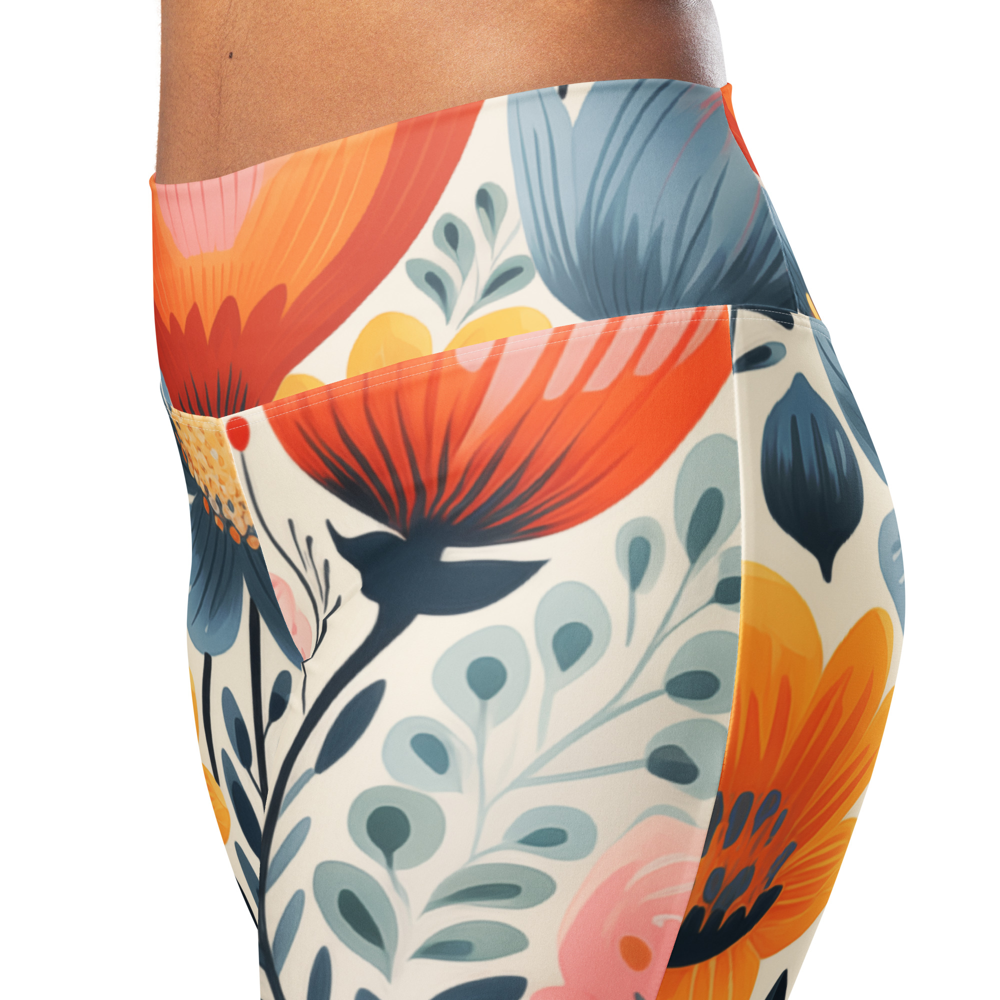 Mujer con leggings acampanados de estampado floral escandinavo en tonos cálidos – vista frontal