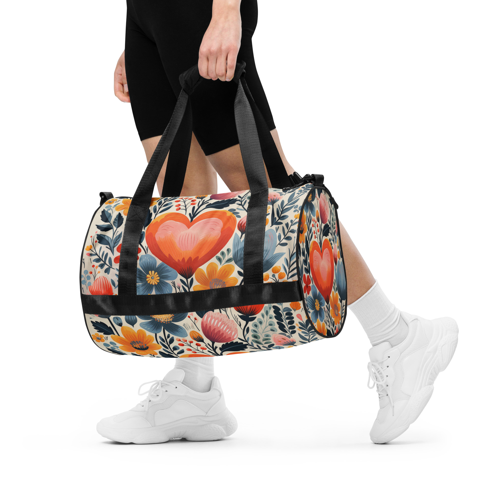 Bolsa de deporte mujer estampado integral floral con corazón – Flor Viva Collection – ImageFusion Prints