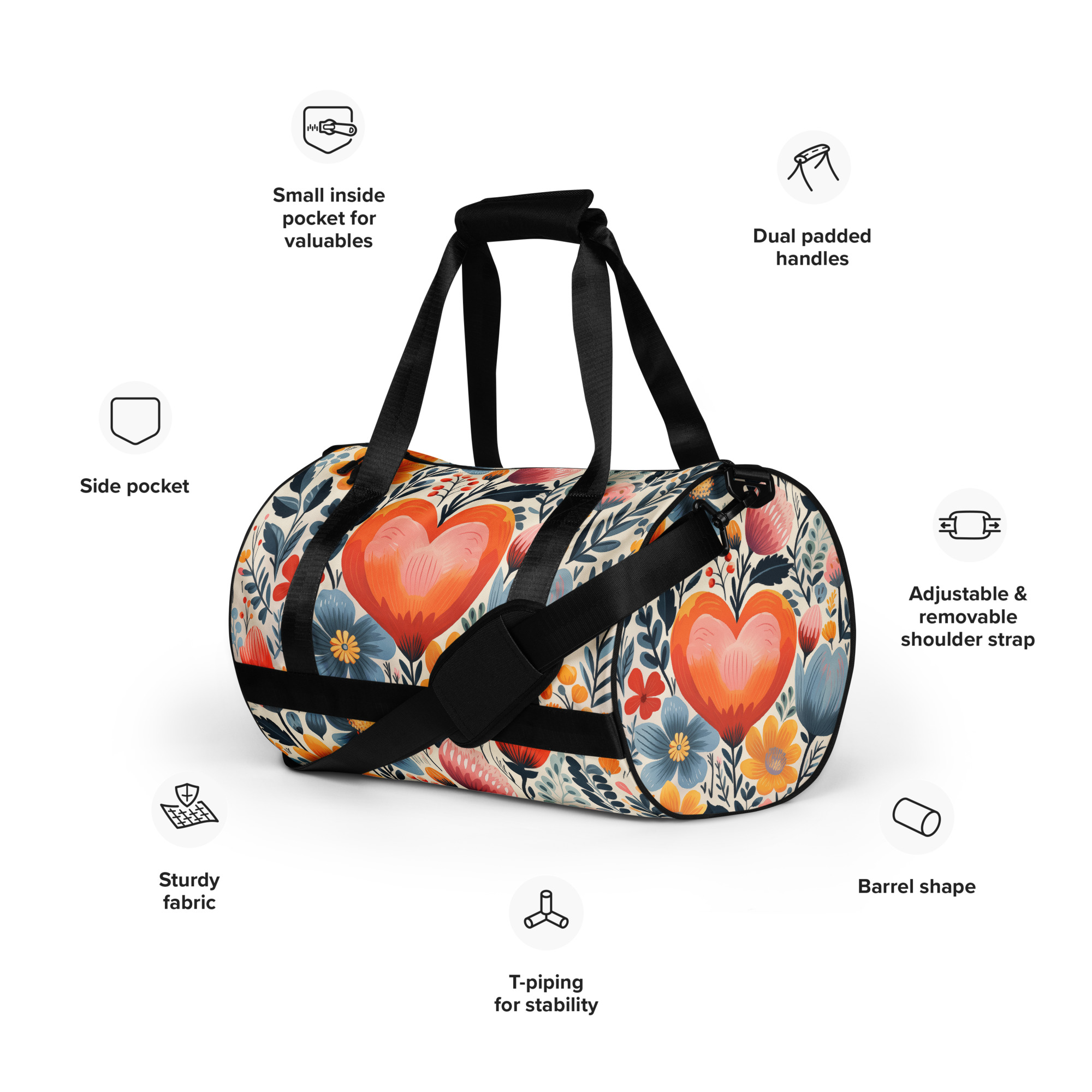 Bolsa de deporte mujer estampado integral floral con corazón – Flor Viva Collection – ImageFusion Prints