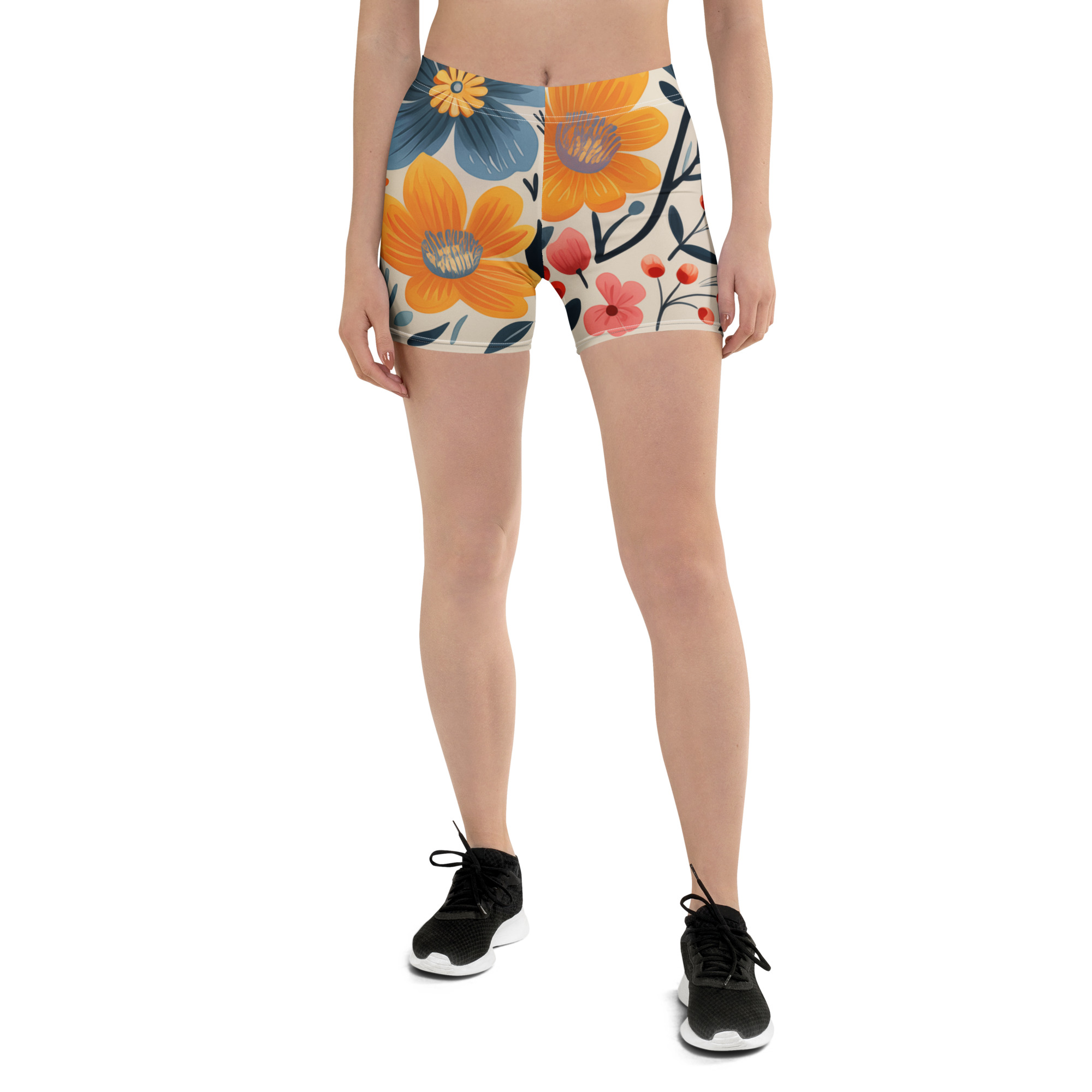 Mockup frontal de mujer luciendo shorts deportivos con estampado floral escandinavo vibrante.