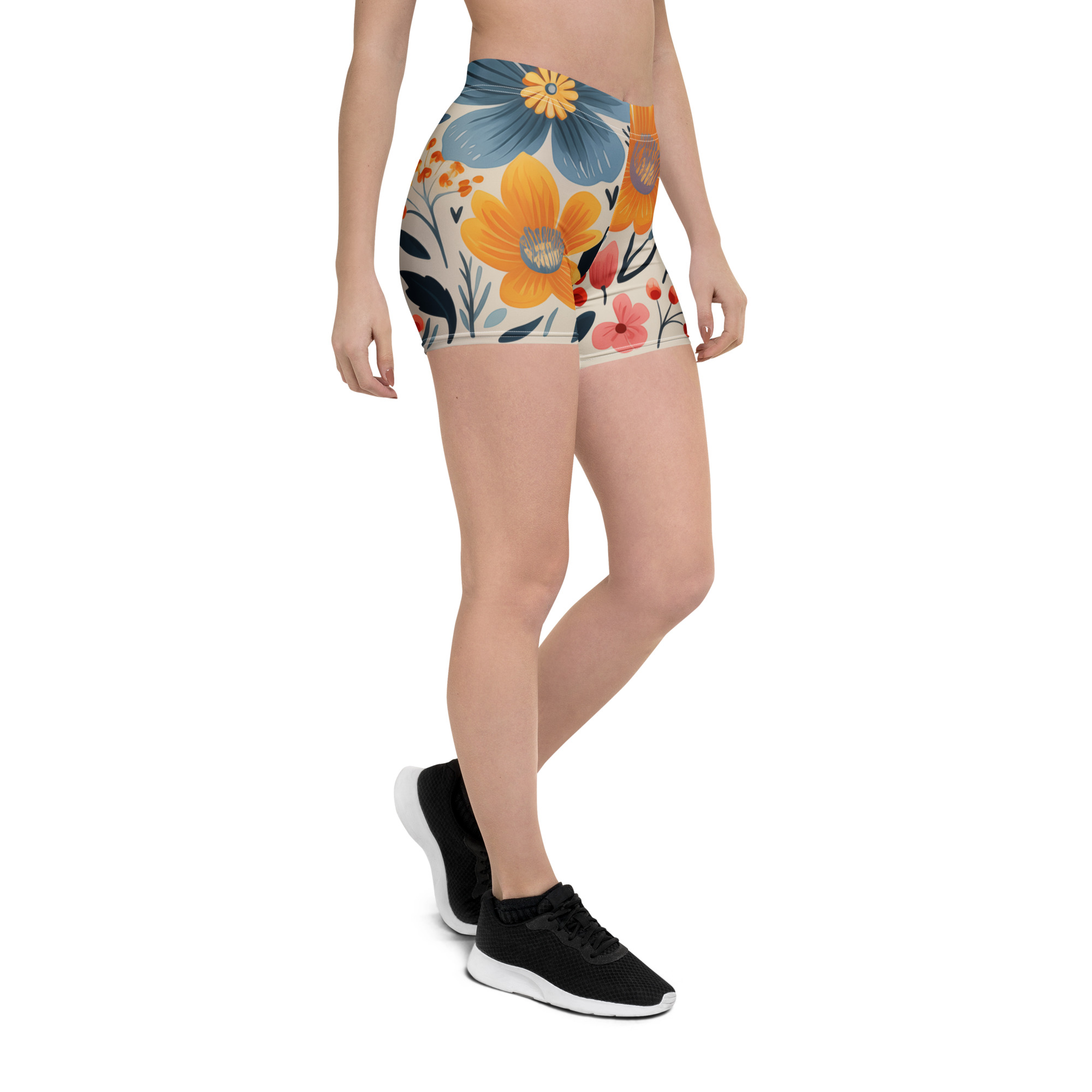 Mockup frontal de mujer luciendo shorts deportivos con estampado floral escandinavo vibrante.