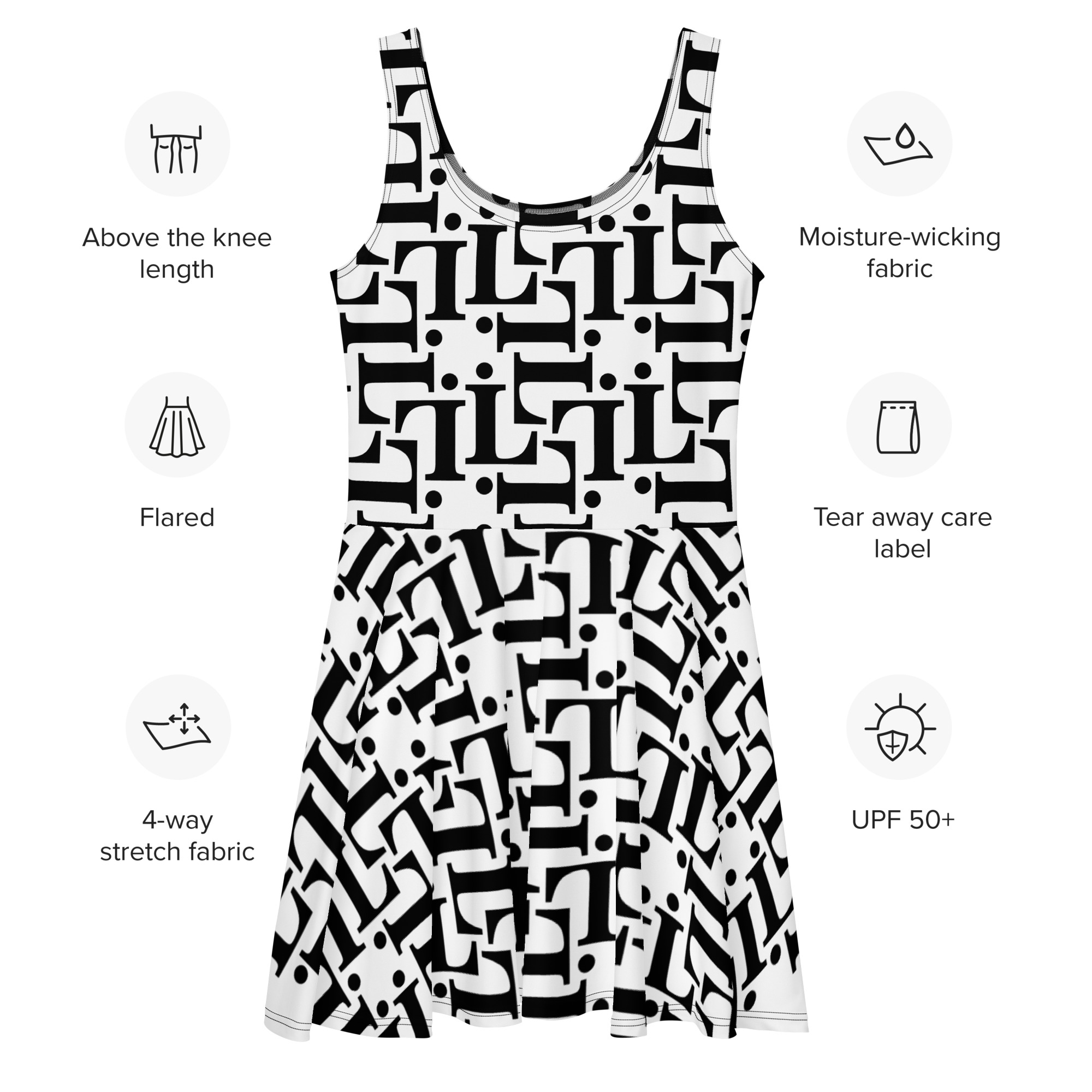 Mujer con vestido skater tipográfico blanco y negro estilo urbano CODE NOIR