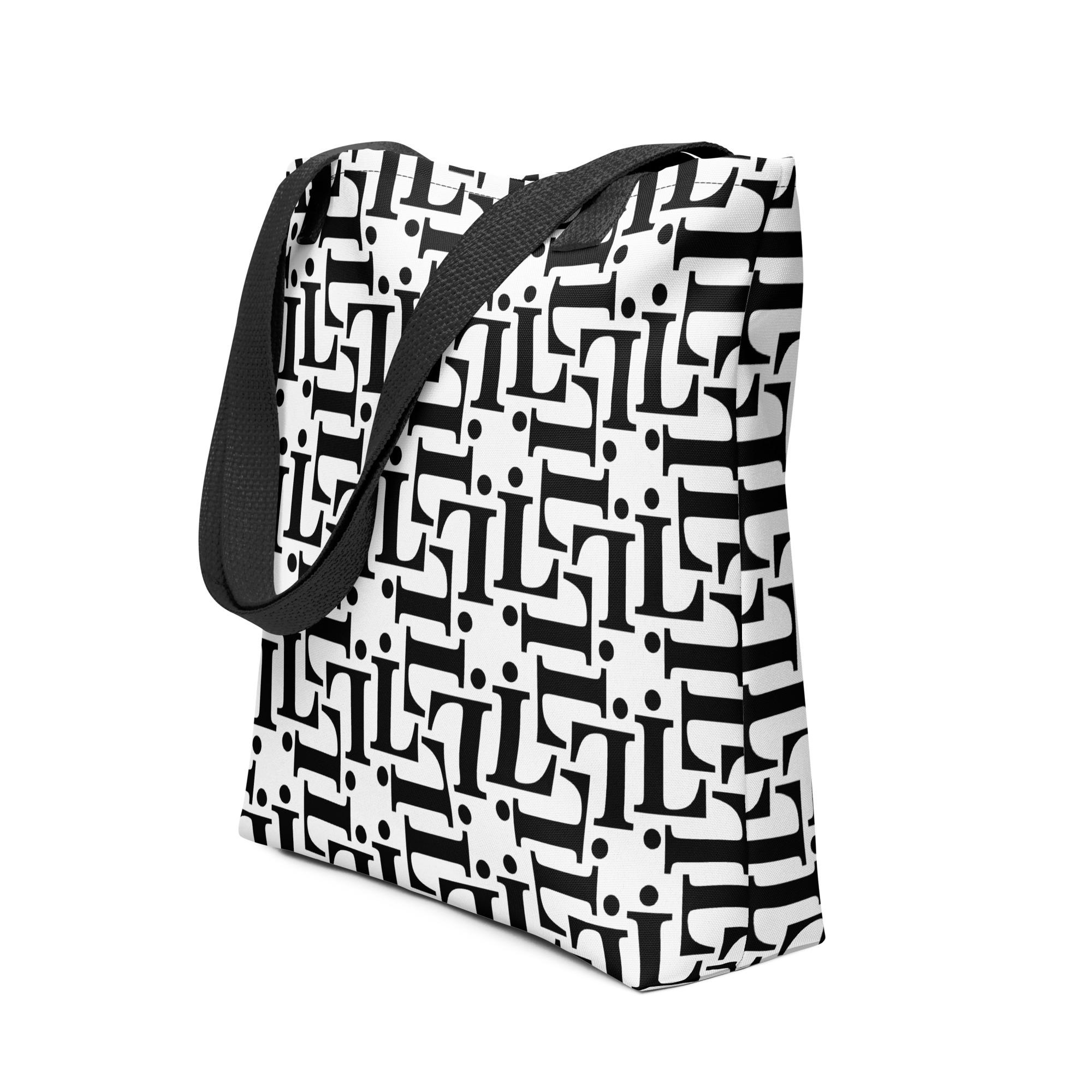 Bolsa tote CODE NOIR con diseño tipográfico en blanco y negro y asas negras