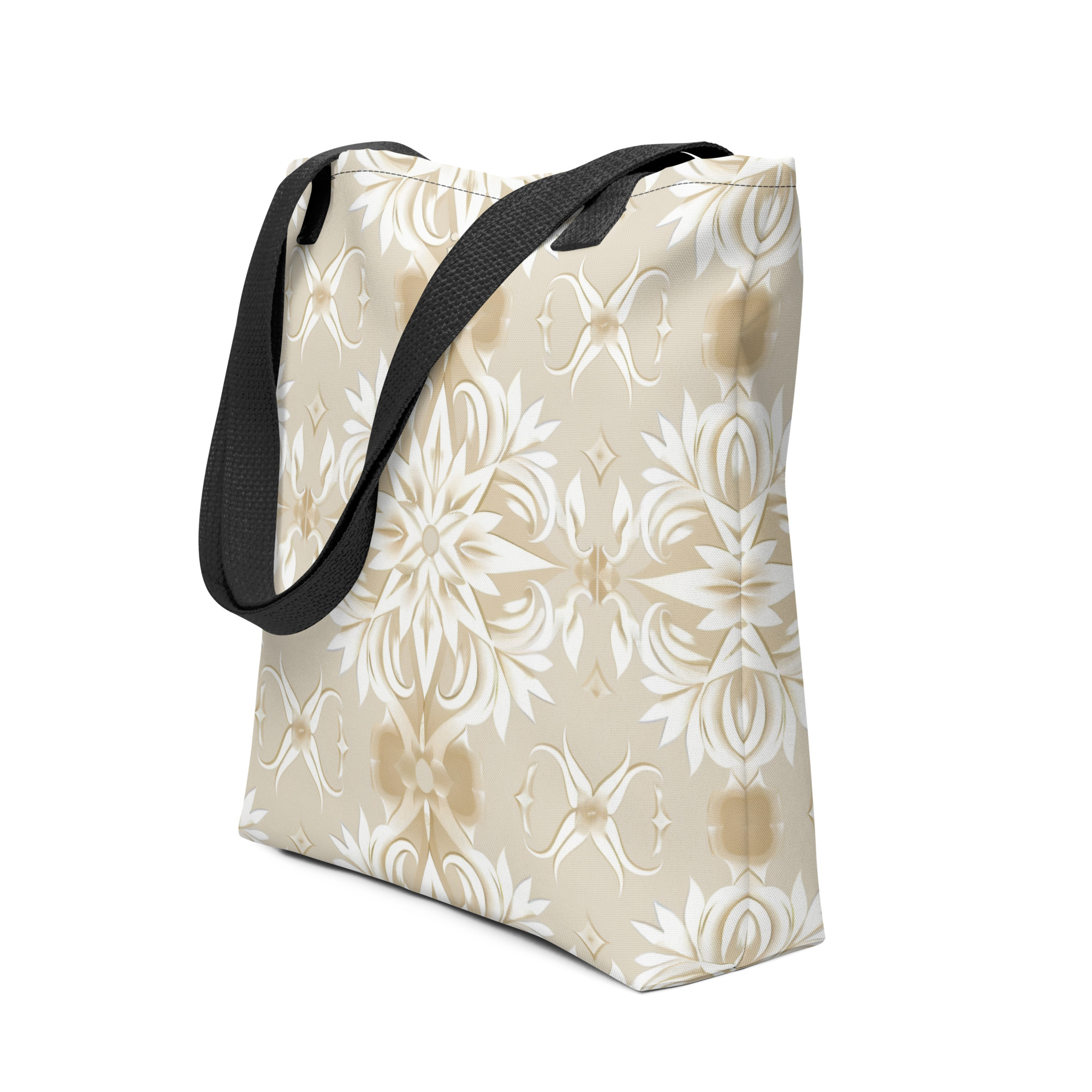 Tote bag floral beige Soft Bloom sobre fondo neutro, asas negras