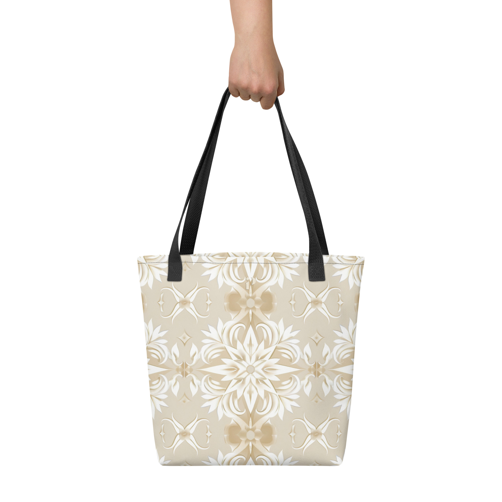 Tote bag floral beige Soft Bloom sobre fondo neutro, asas negras