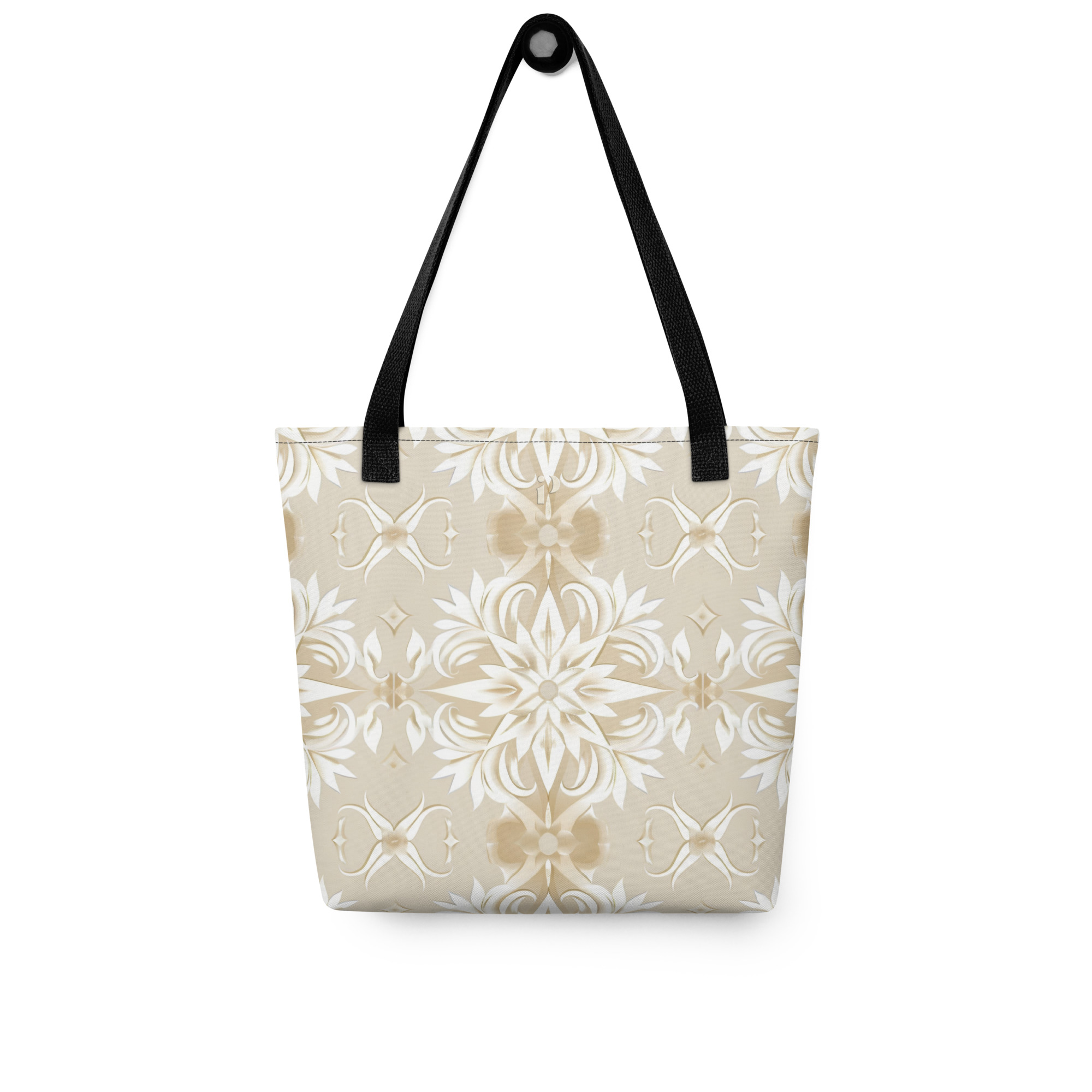 Tote bag floral beige Soft Bloom sobre fondo neutro, asas negras