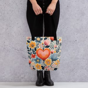 Bolsa tote estampado integral con flores escandinavas y corazón – colección Flor Viva – ImageFusion Prints