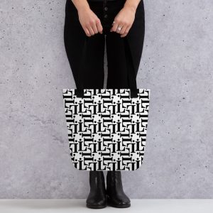 Bolsa tote CODE NOIR con diseño tipográfico en blanco y negro y asas negras