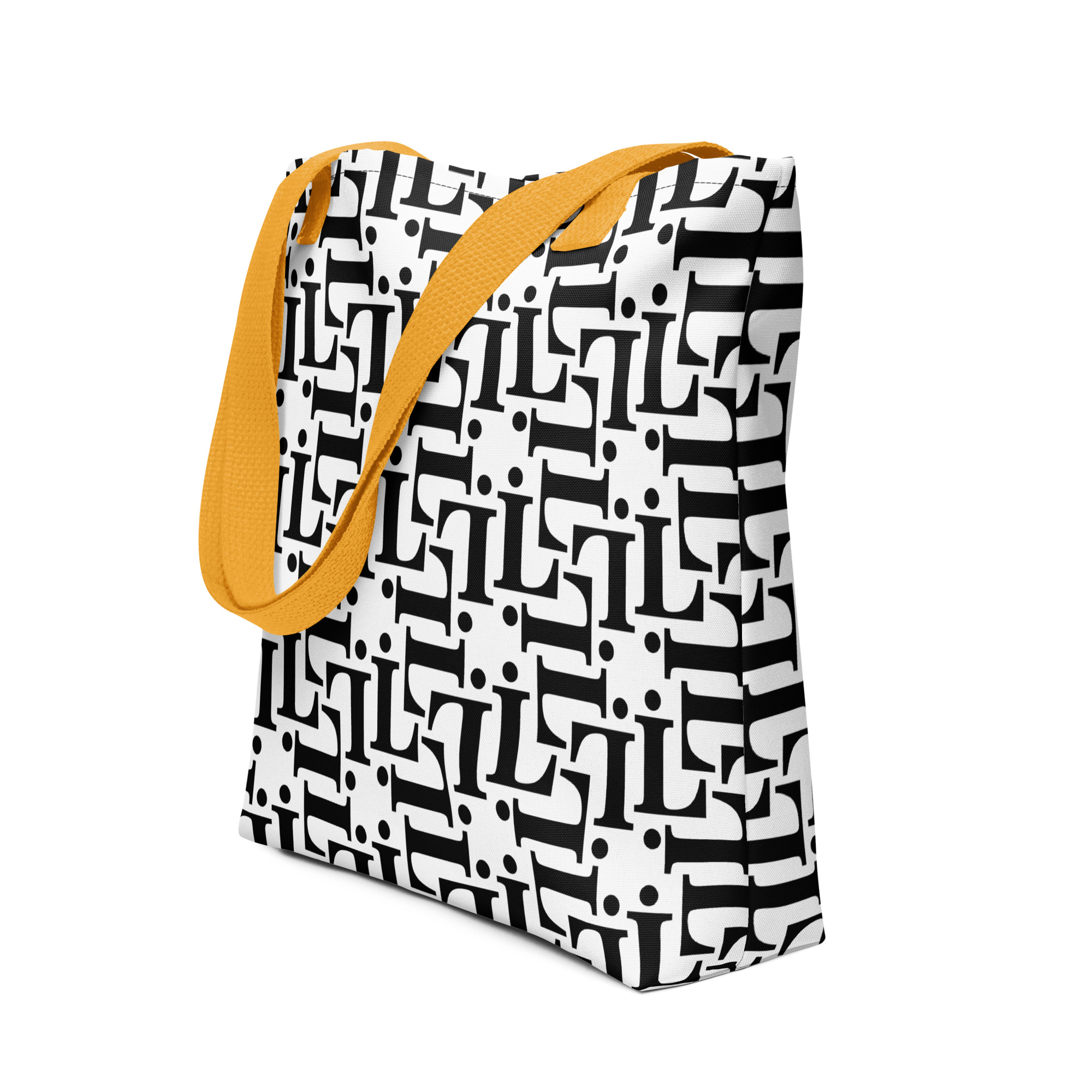 Bolsa tote CODE NOIR con diseño tipográfico en blanco y negro y asas negras