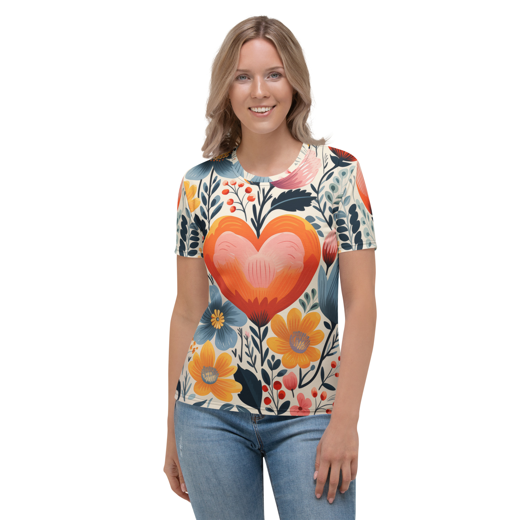 Camiseta mujer cuello redondo con estampado integral de corazón y flores escandinavas – ImageFusion Prints