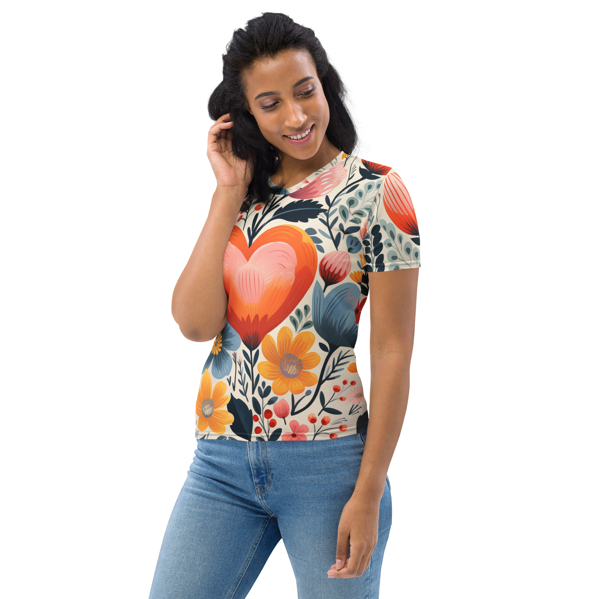 Camiseta mujer cuello redondo con estampado integral de corazón y flores escandinavas – ImageFusion Prints