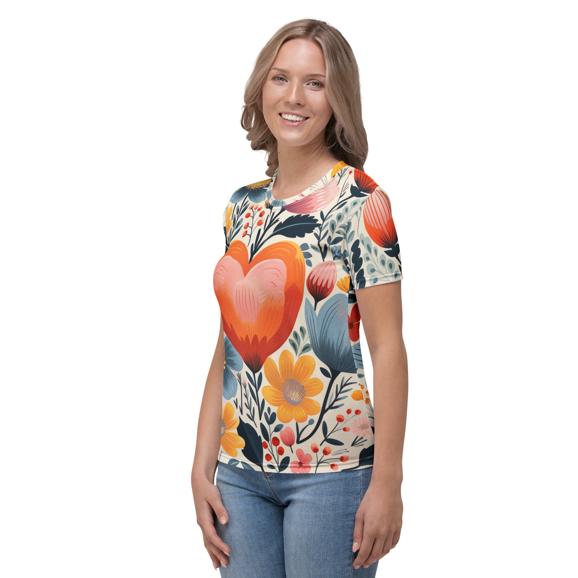Camiseta mujer cuello redondo con estampado integral de corazón y flores escandinavas – ImageFusion Prints