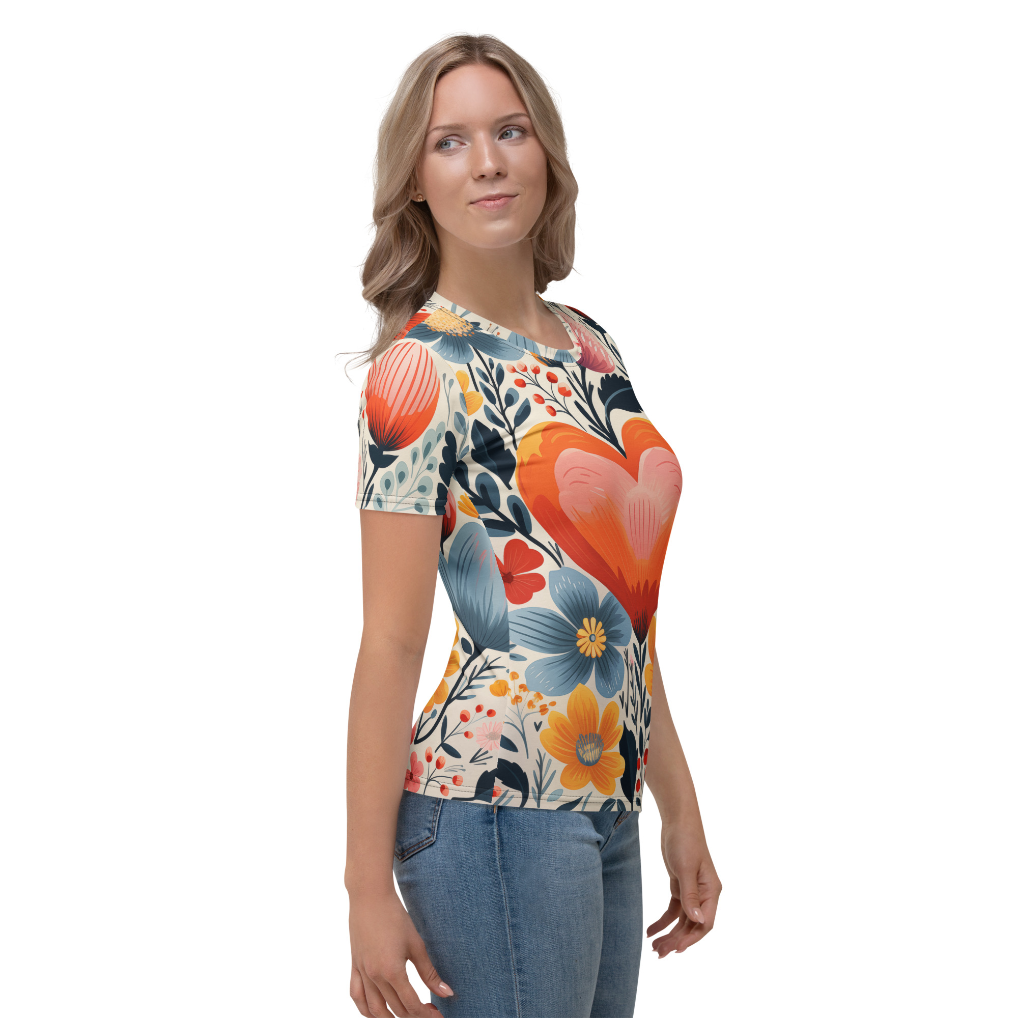 Camiseta mujer cuello redondo con estampado integral de corazón y flores escandinavas – ImageFusion Prints