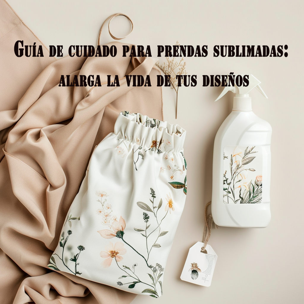 Cuidados textiles para prendas sublimadas con detergente neutro y telas florales estilo premium.