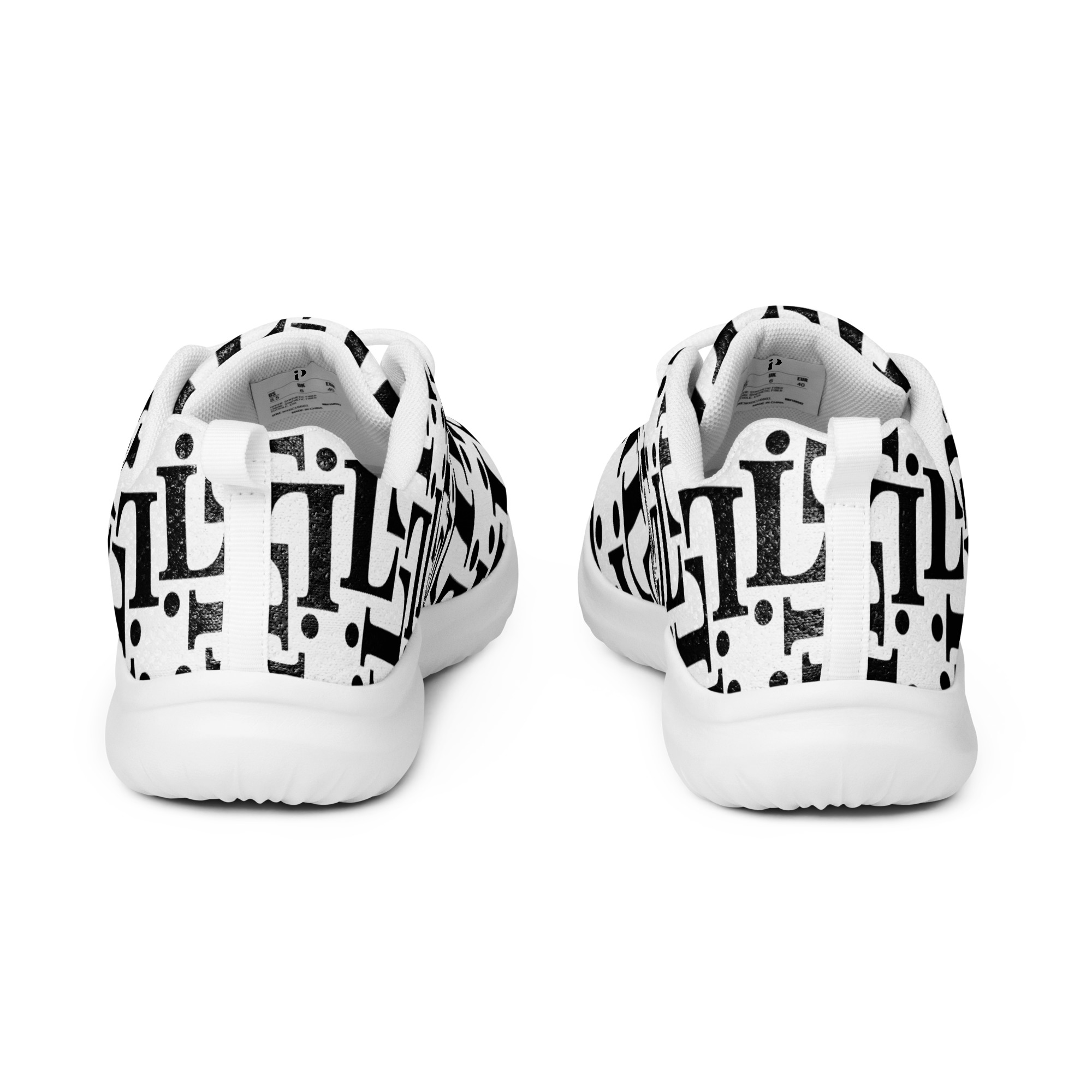 Zapatillas CODE NOIR blancas con diseño tipográfico negro y suela negra – vista lateral