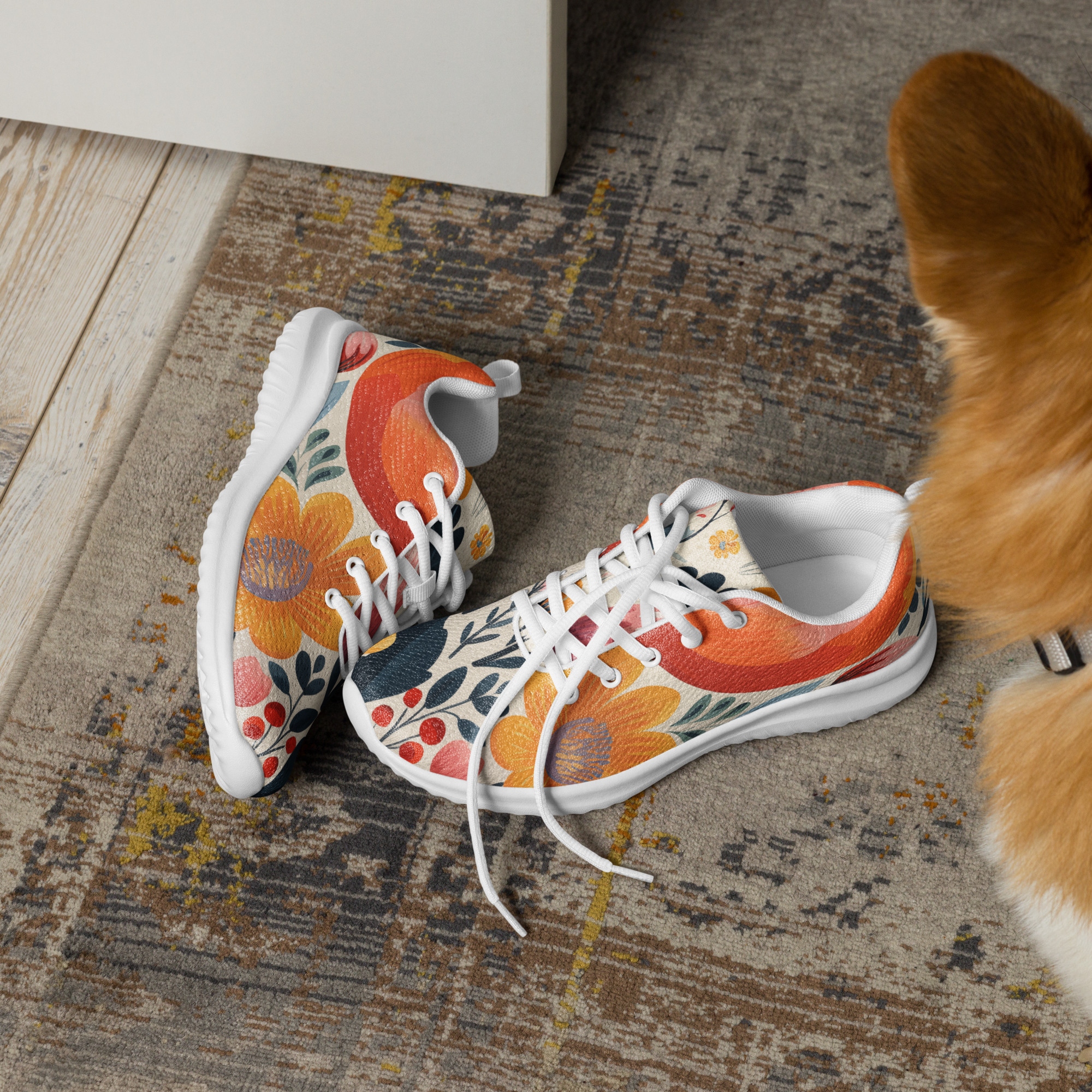 Zapatillas deportivas de mujer con estampado floral escandinavo en colores coral, mostaza y azul – ImageFusion Prints