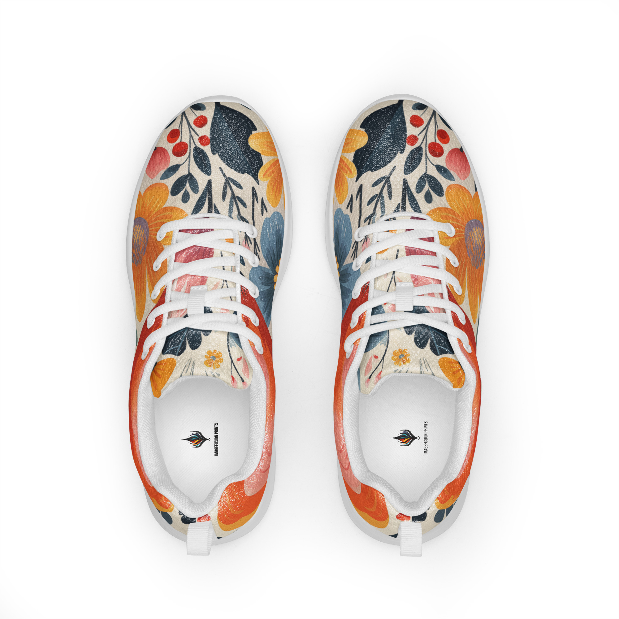 Zapatillas deportivas de mujer con estampado floral escandinavo en colores coral, mostaza y azul – ImageFusion Prints
