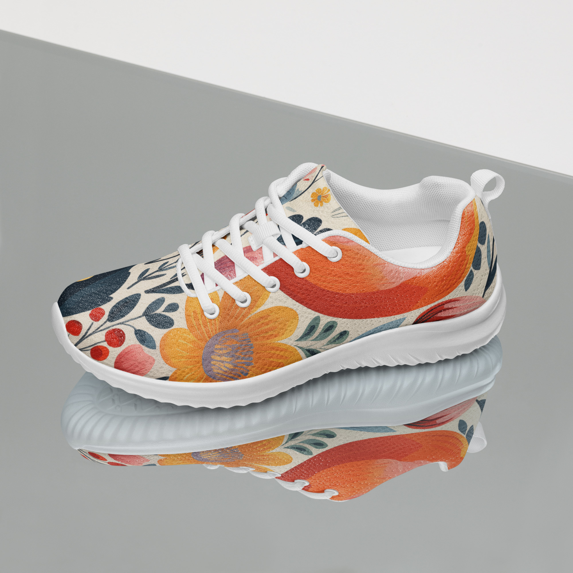 Zapatillas deportivas de mujer con estampado floral escandinavo en colores coral, mostaza y azul – ImageFusion Prints