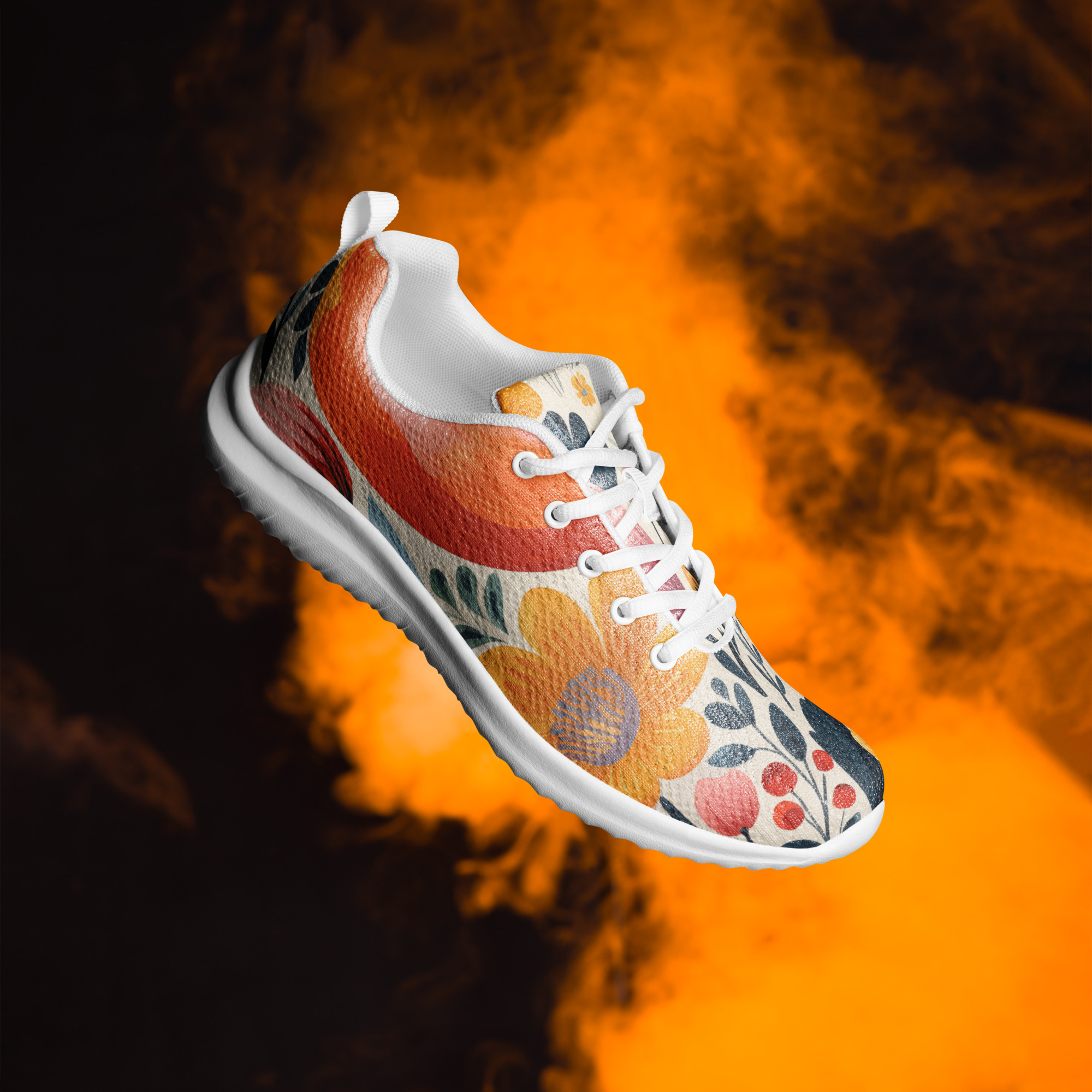 Zapatillas deportivas de mujer con estampado floral escandinavo en colores coral, mostaza y azul – ImageFusion Prints