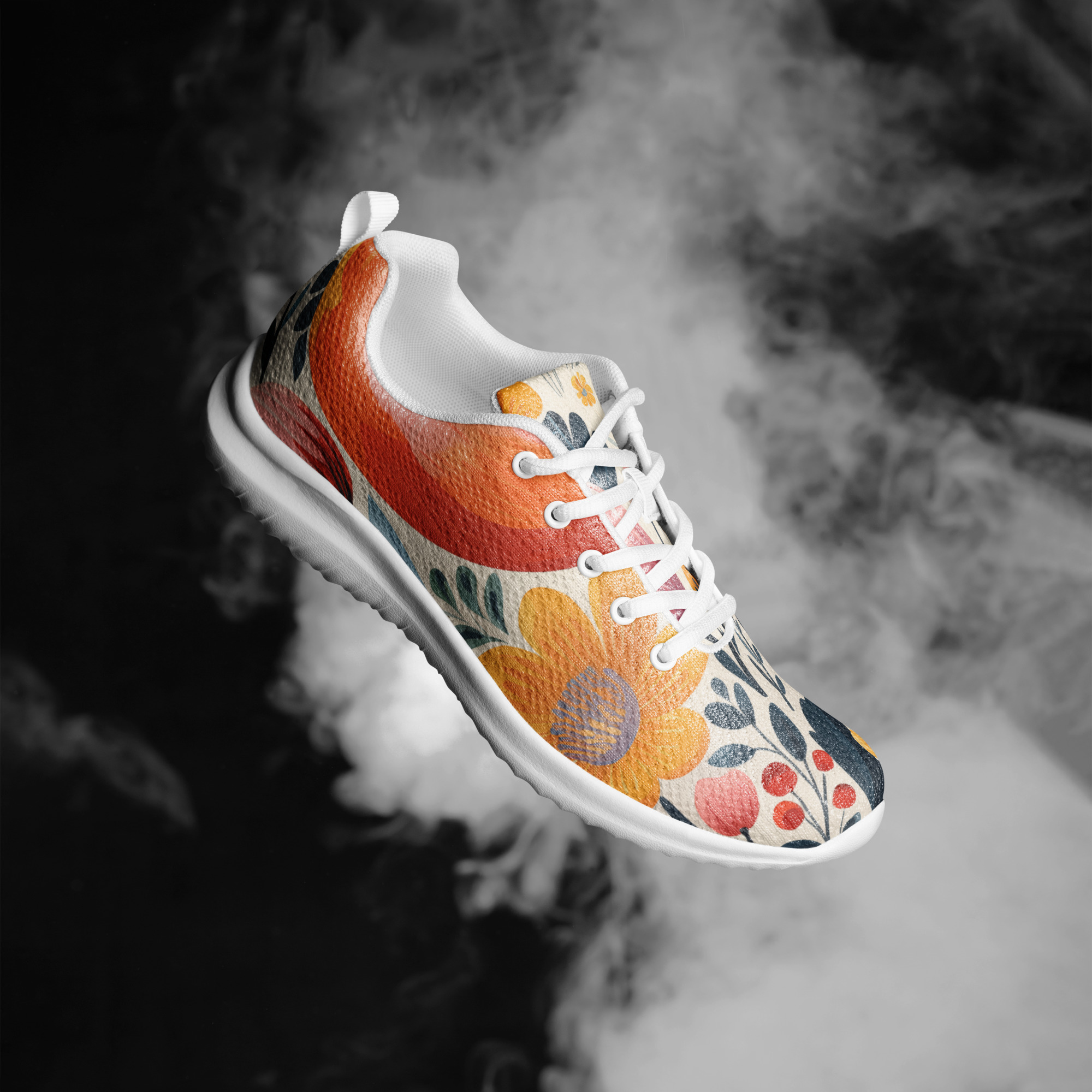 Zapatillas deportivas de mujer con estampado floral escandinavo en colores coral, mostaza y azul – ImageFusion Prints