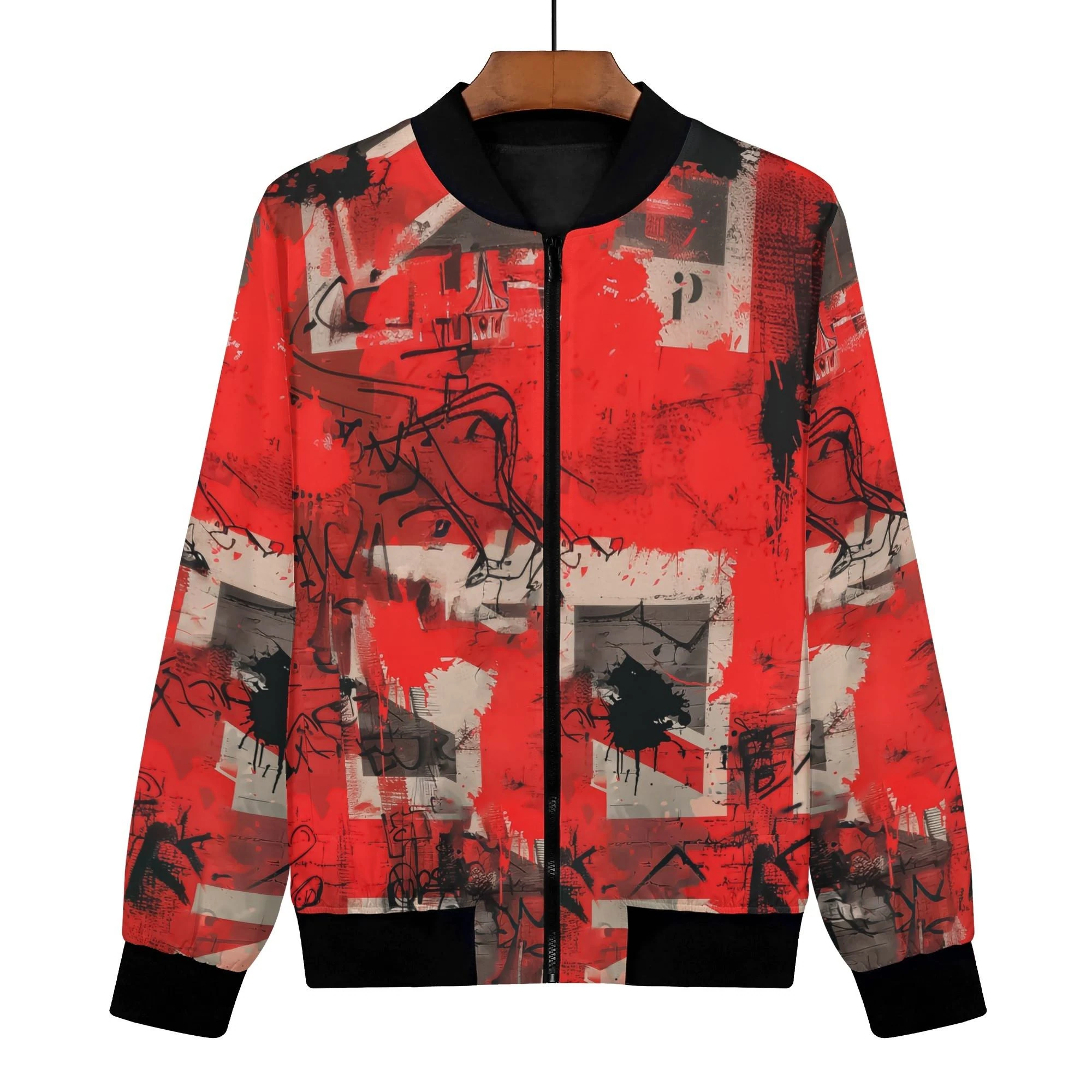 Chaqueta bomber mujer con diseño rojo estilo graffiti e ilustración de chica rebelde con mensaje “Attitude Over Approval”.