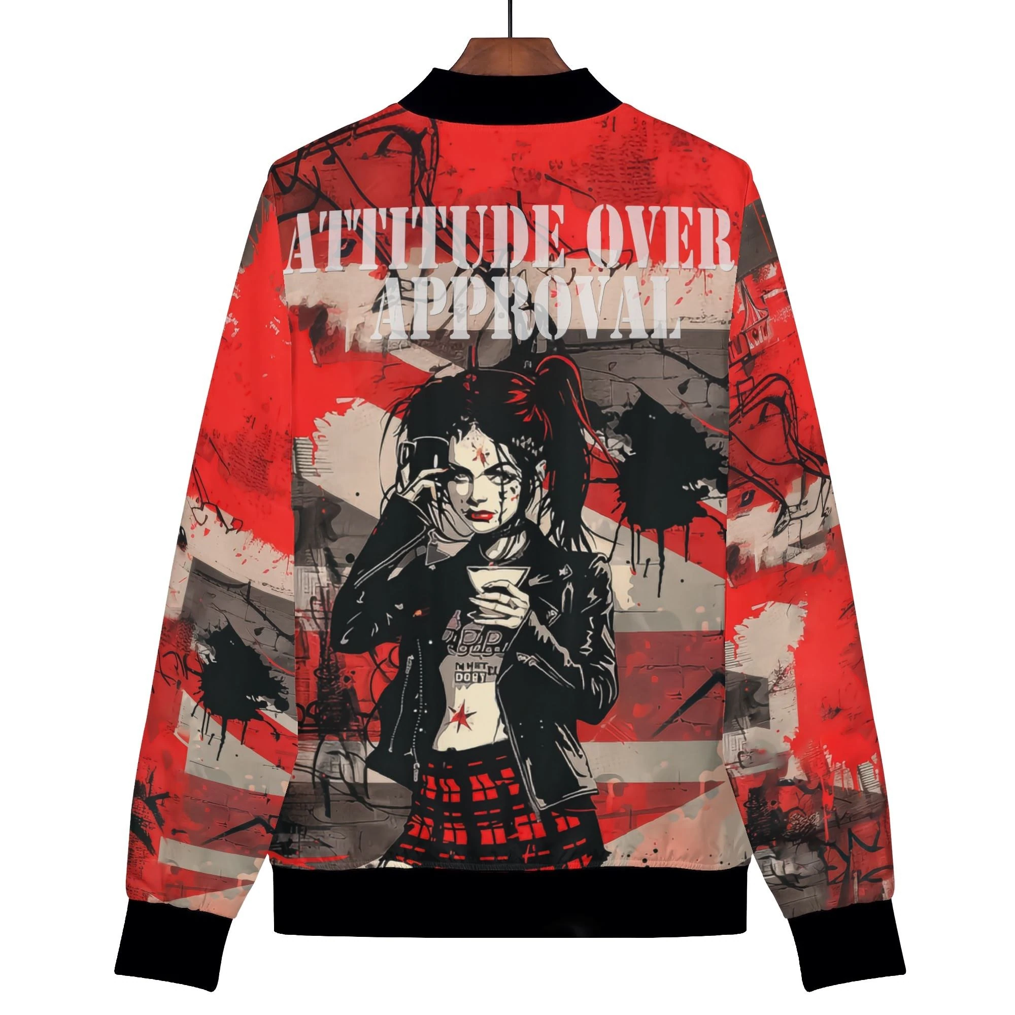 Chaqueta bomber mujer con diseño rojo estilo graffiti e ilustración de chica rebelde con mensaje “Attitude Over Approval”.