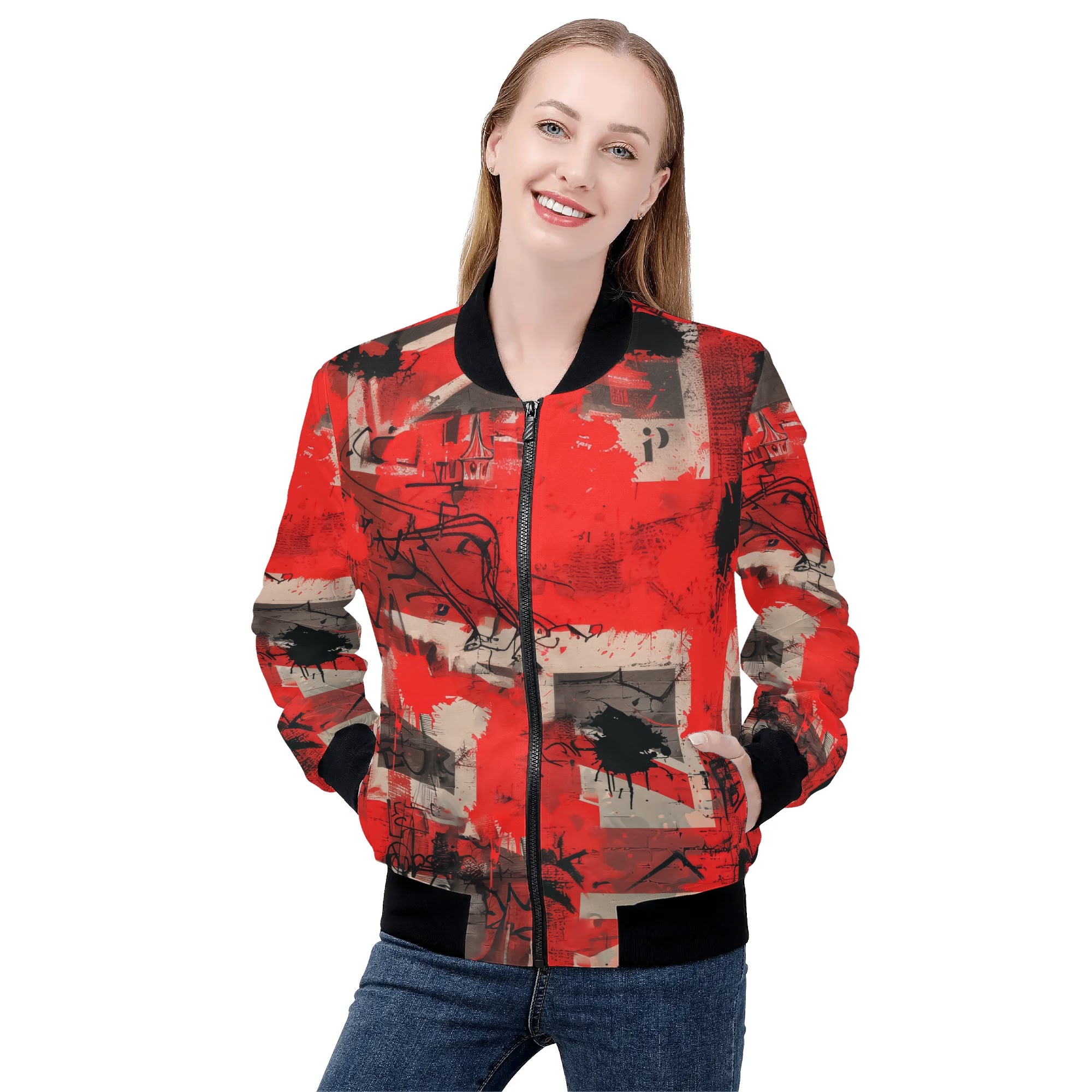 Chaqueta bomber mujer con diseño rojo estilo graffiti e ilustración de chica rebelde con mensaje “Attitude Over Approval”.