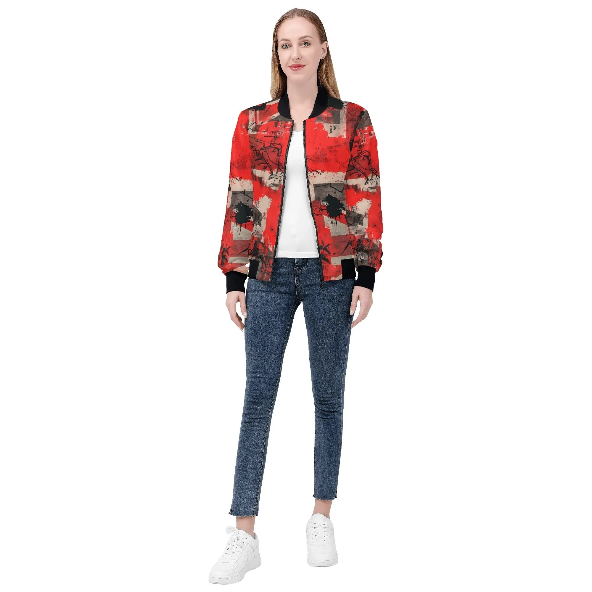 Chaqueta bomber mujer con diseño rojo estilo graffiti e ilustración de chica rebelde con mensaje “Attitude Over Approval”.