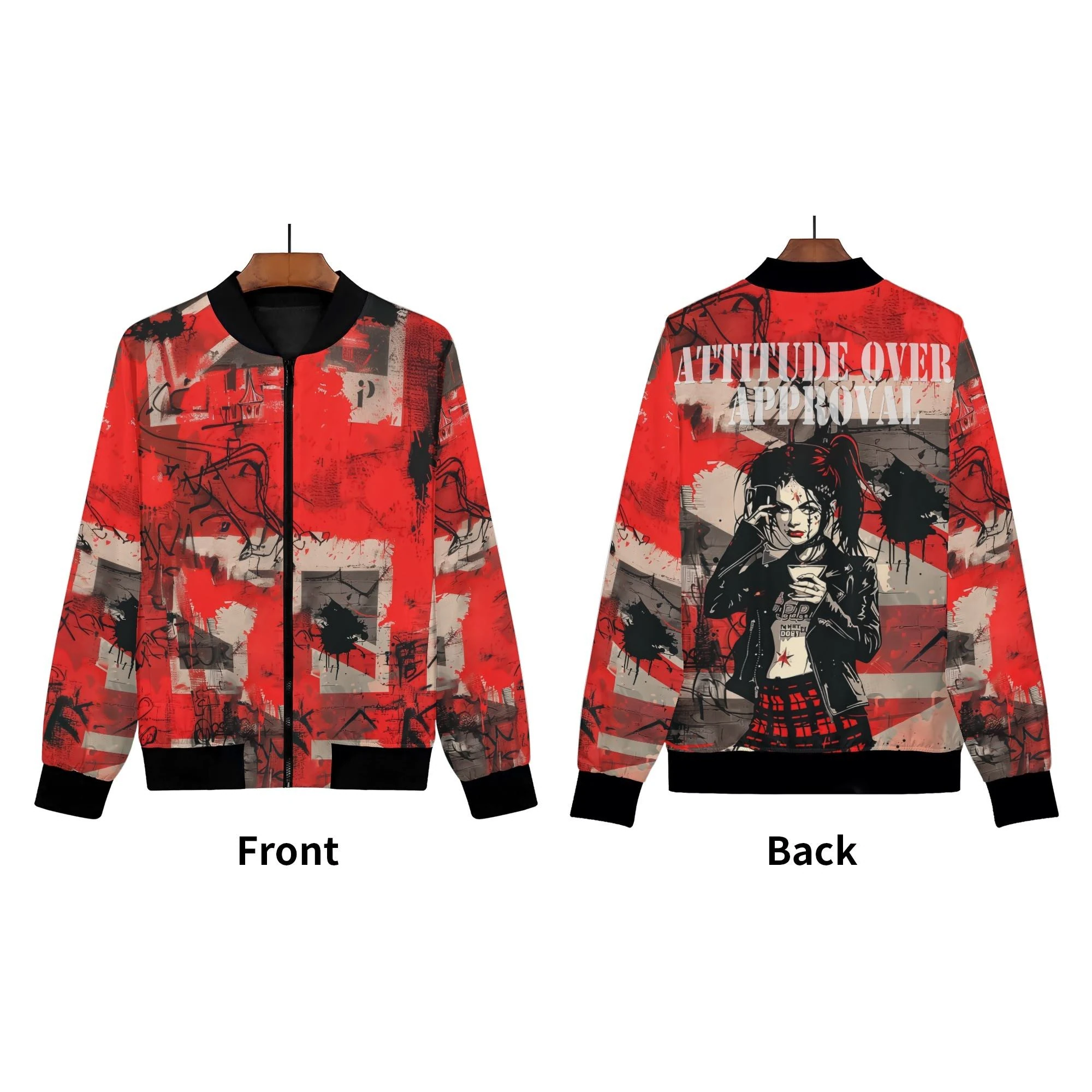 Chaqueta bomber mujer con diseño rojo estilo graffiti e ilustración de chica rebelde con mensaje “Attitude Over Approval”.