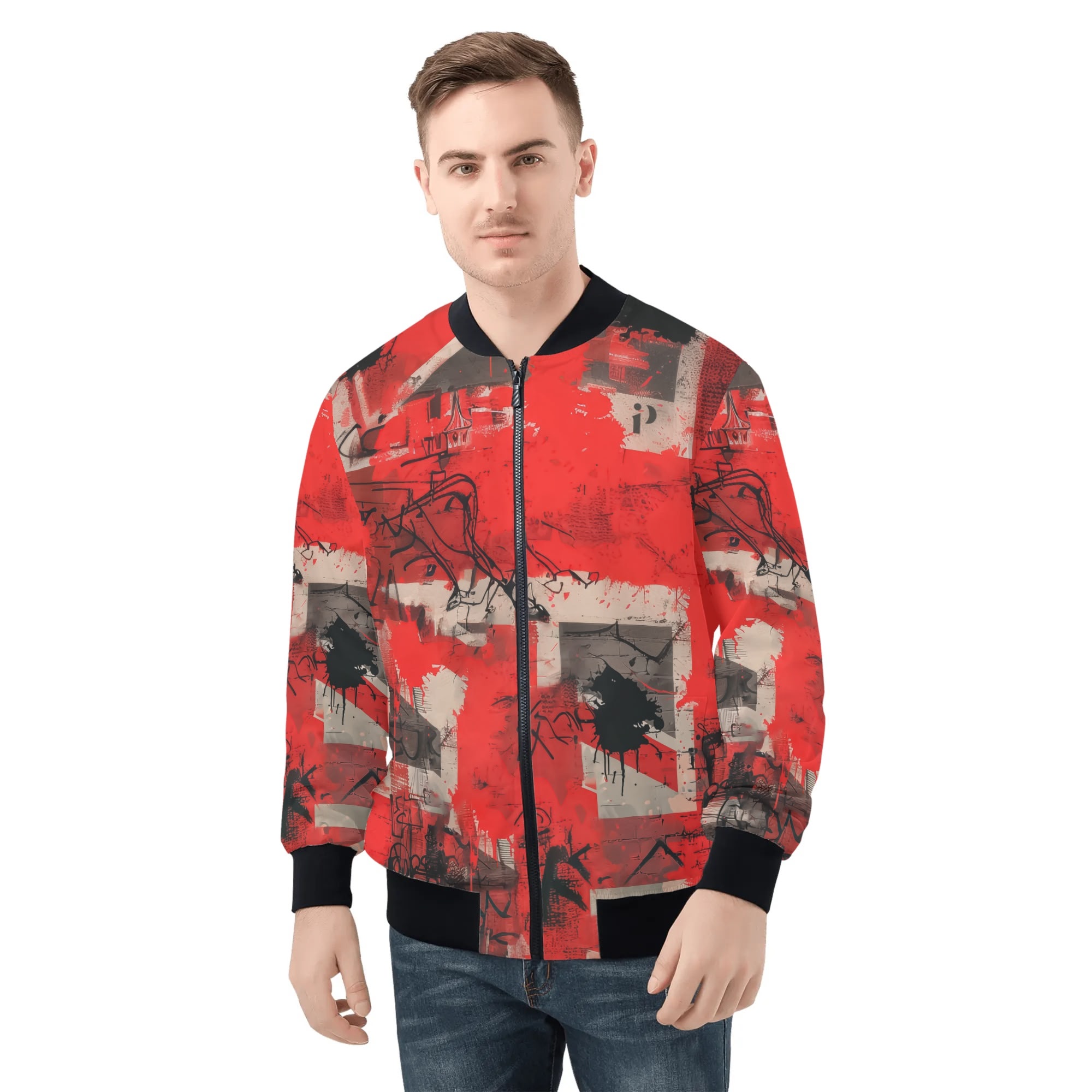 Chaqueta bomber roja con estampado street punk y mensaje Attitude Over Approval en la espalda – estilo urbano alternativo.