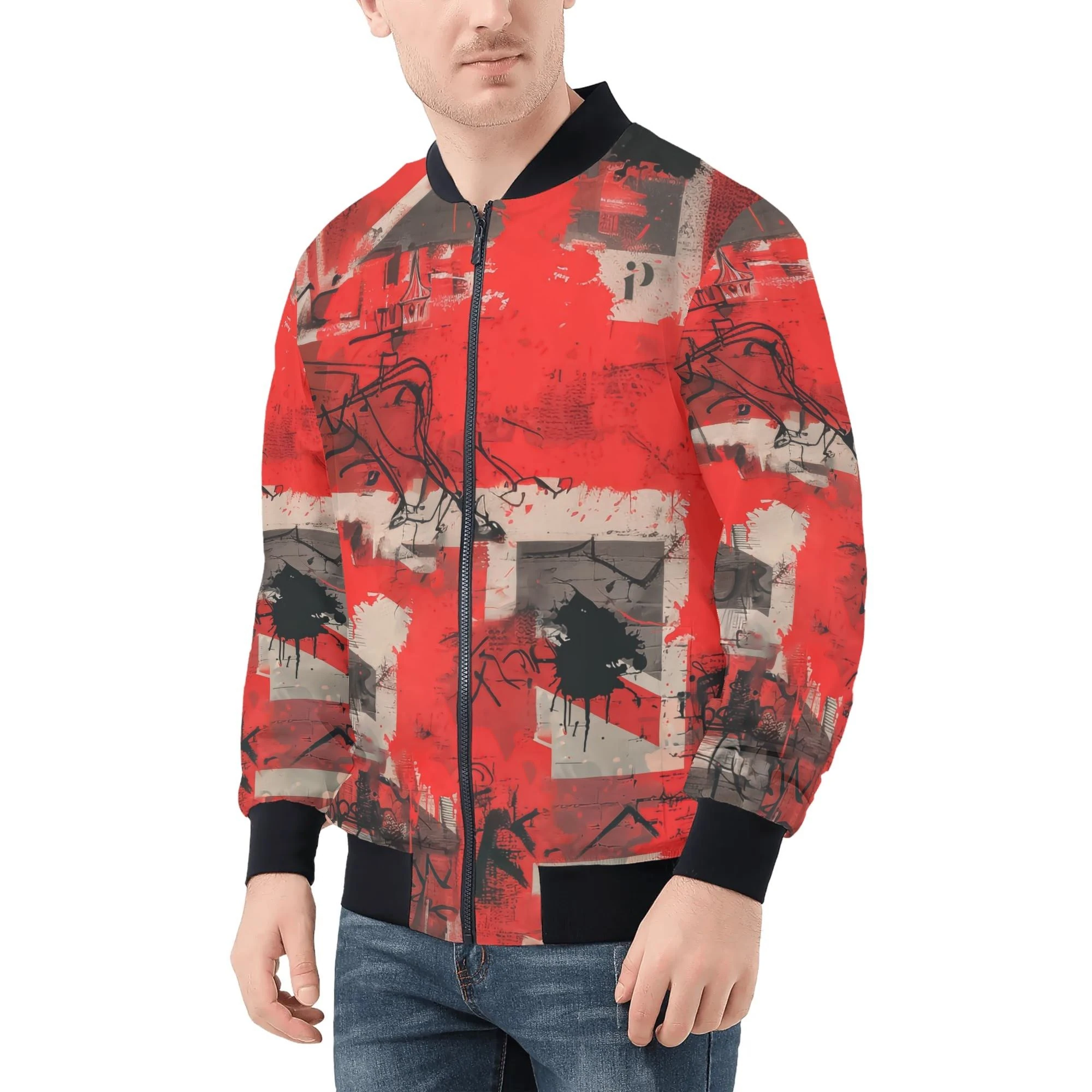 Chaqueta bomber roja con estampado street punk y mensaje Attitude Over Approval en la espalda – estilo urbano alternativo.