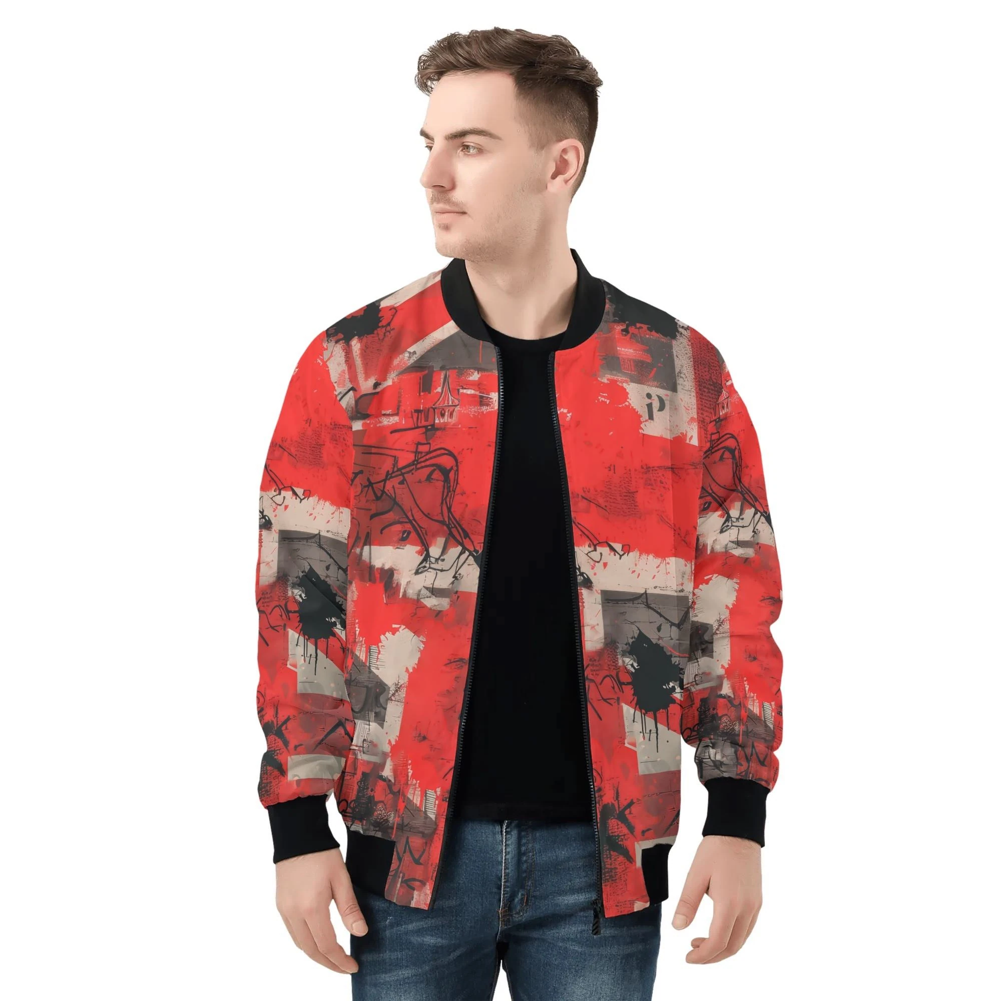 Chaqueta bomber roja con estampado street punk y mensaje Attitude Over Approval en la espalda – estilo urbano alternativo.