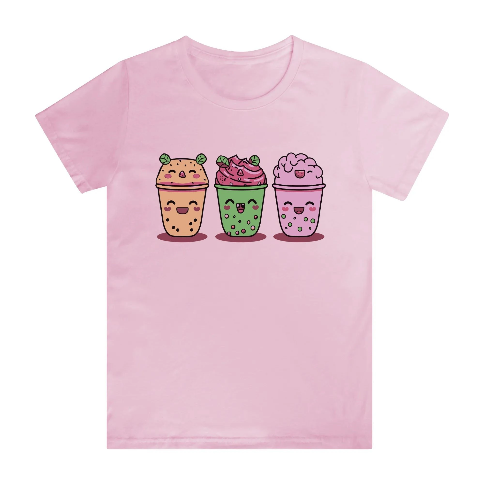 Camiseta mujer rosa con diseño kawaii de tres bubble teas sonrientes