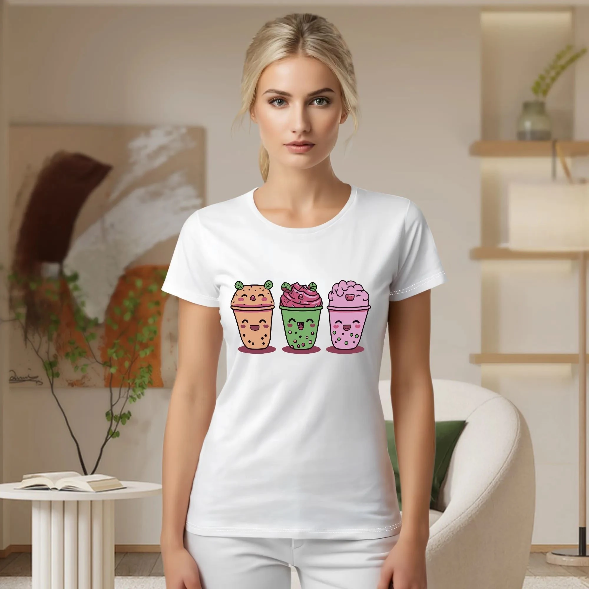 Camiseta mujer rosa con diseño kawaii de tres bubble teas sonrientes