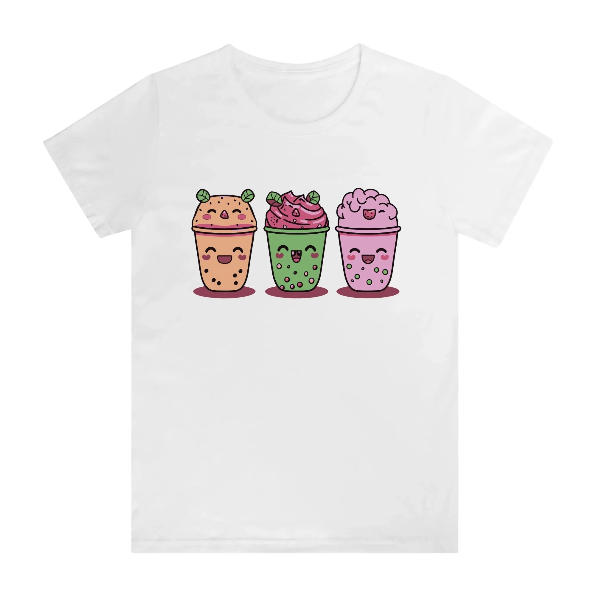 Camiseta mujer rosa con diseño kawaii de tres bubble teas sonrientes