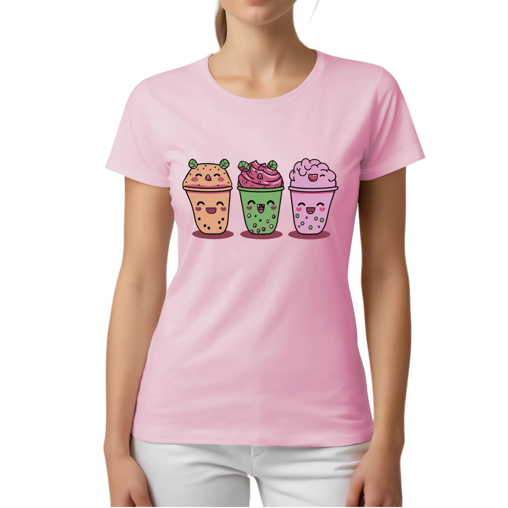 Camiseta mujer rosa con diseño kawaii de tres bubble teas sonrientes