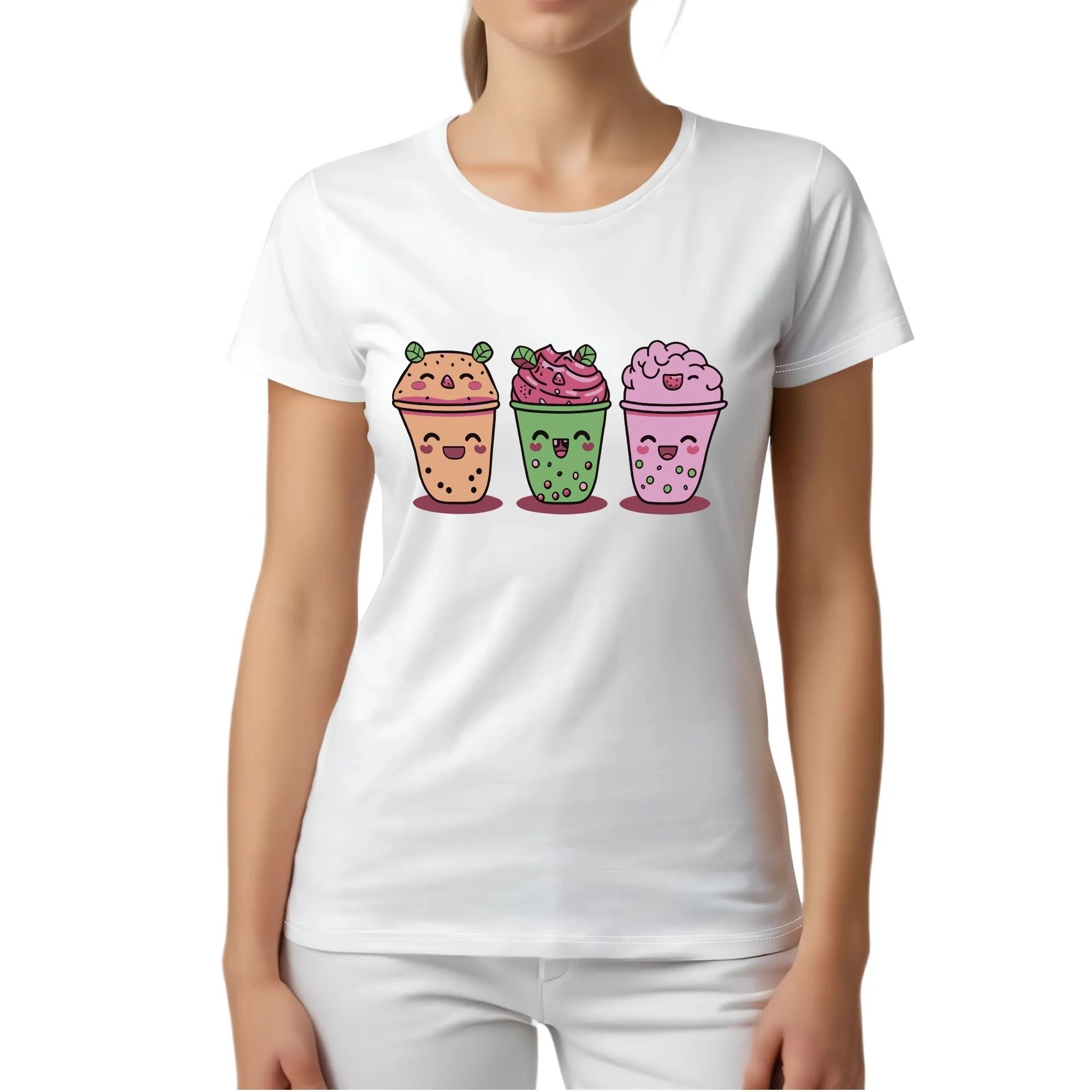 Camiseta mujer rosa con diseño kawaii de tres bubble teas sonrientes