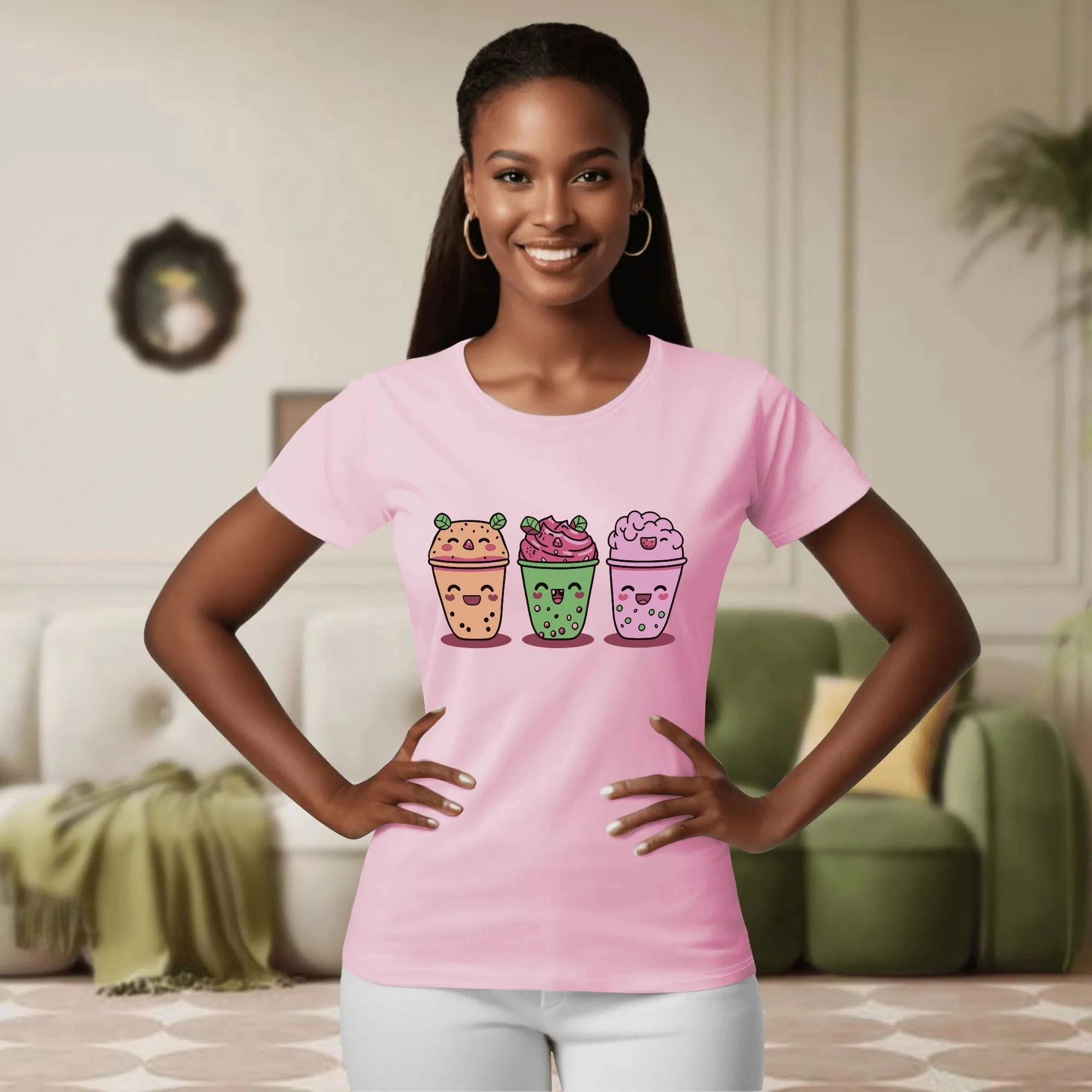 Camiseta mujer rosa con diseño kawaii de tres bubble teas sonrientes