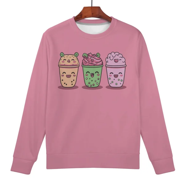 Sudadera rosa mujer con diseño kawaii de tres bubble teas sonrientes