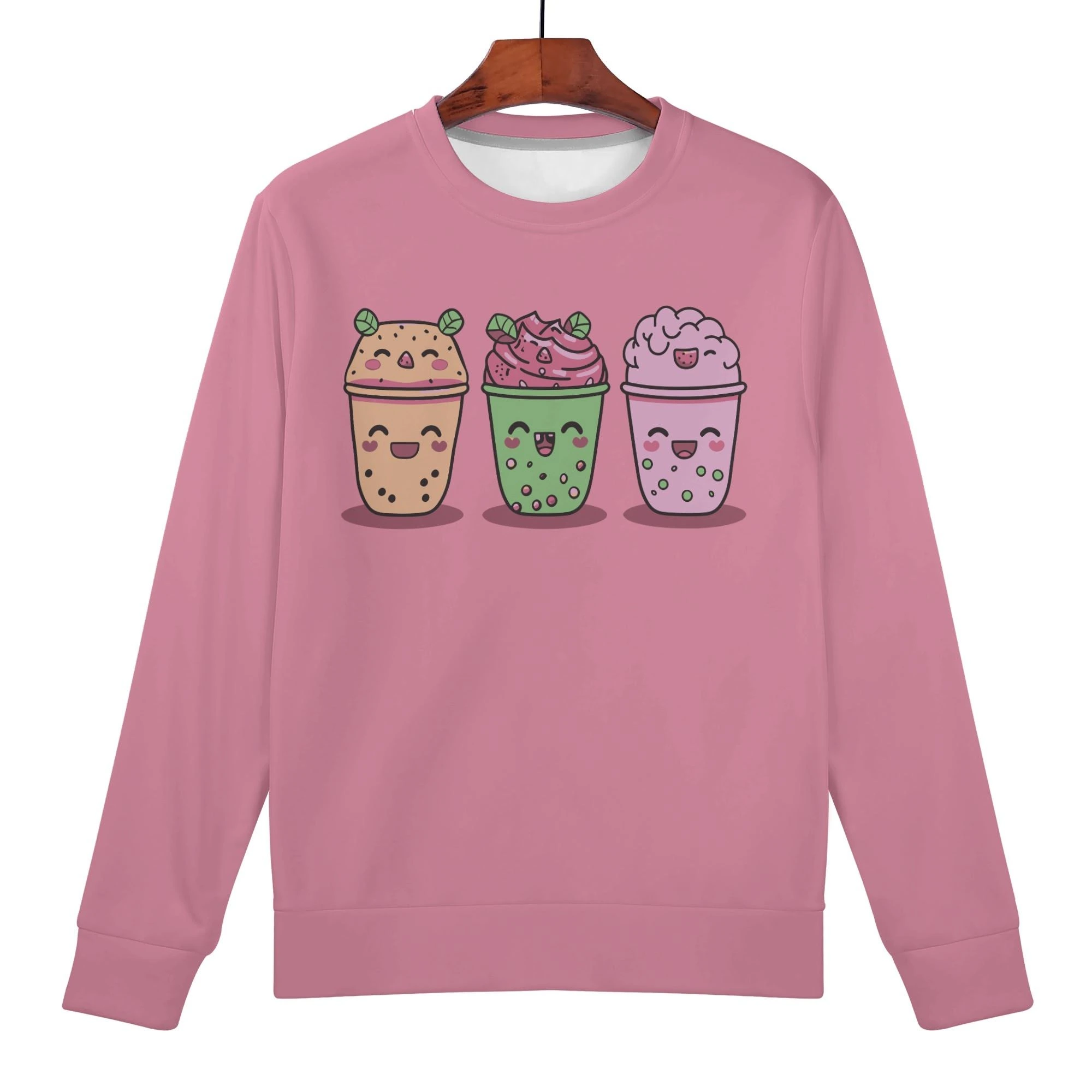 Sudadera rosa mujer con diseño kawaii de tres bubble teas sonrientes
