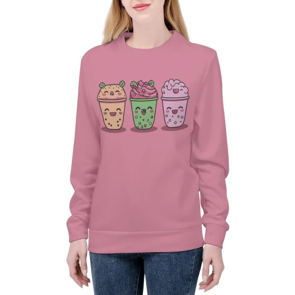 Sudadera rosa mujer con diseño kawaii de tres bubble teas sonrientes