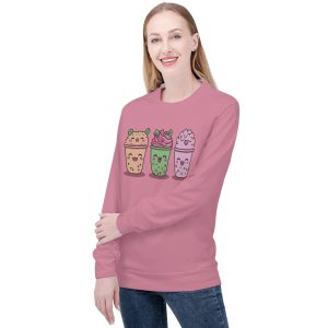 Sudadera rosa mujer con diseño kawaii de tres bubble teas sonrientes