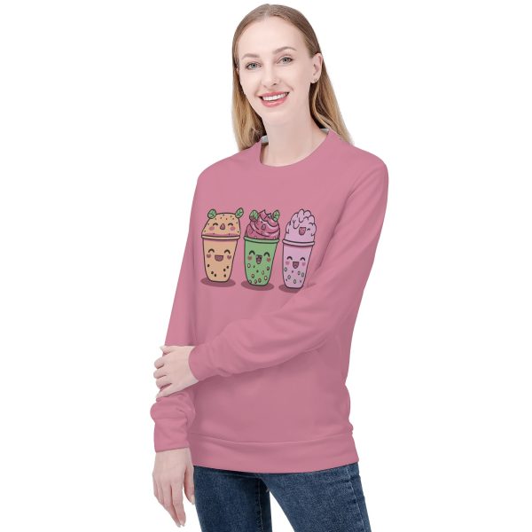 Sudadera rosa mujer con diseño kawaii de tres bubble teas sonrientes